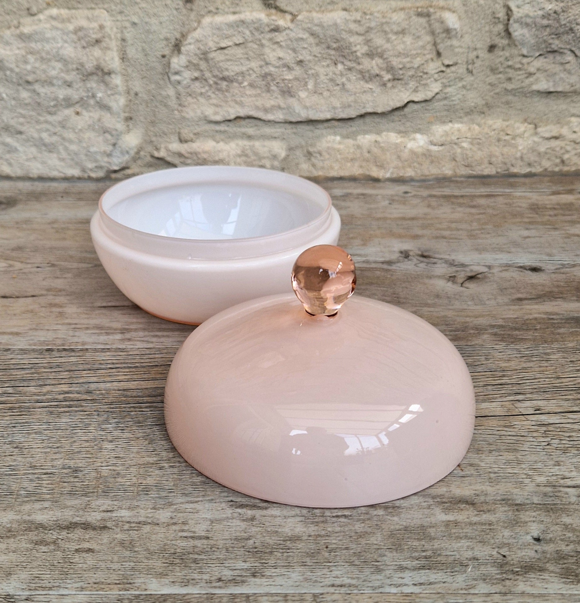 Vintage Large Opaline Pink Glass Lidded Powder Box Trinket Dish Art Deco Decor