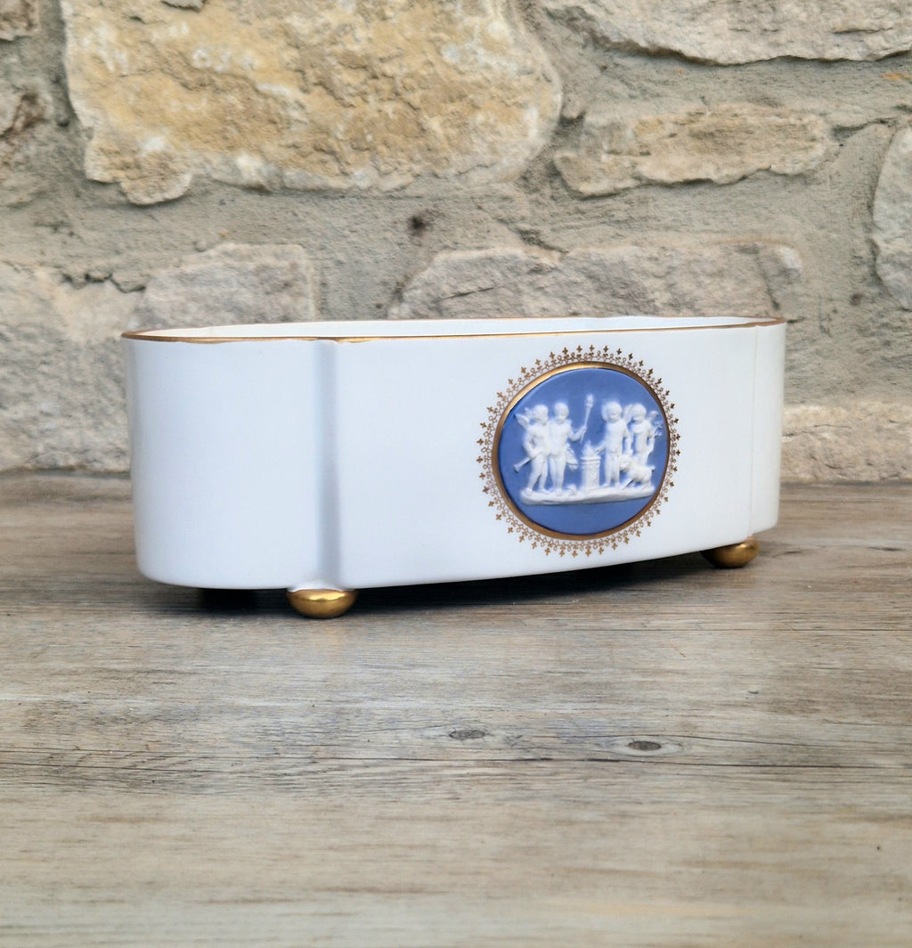 Vintage Vista Alegre Footed Centerpiece, White and Gold Porcelain Scalloped Planter Bowl Blue Jasperware Cherub Cameo