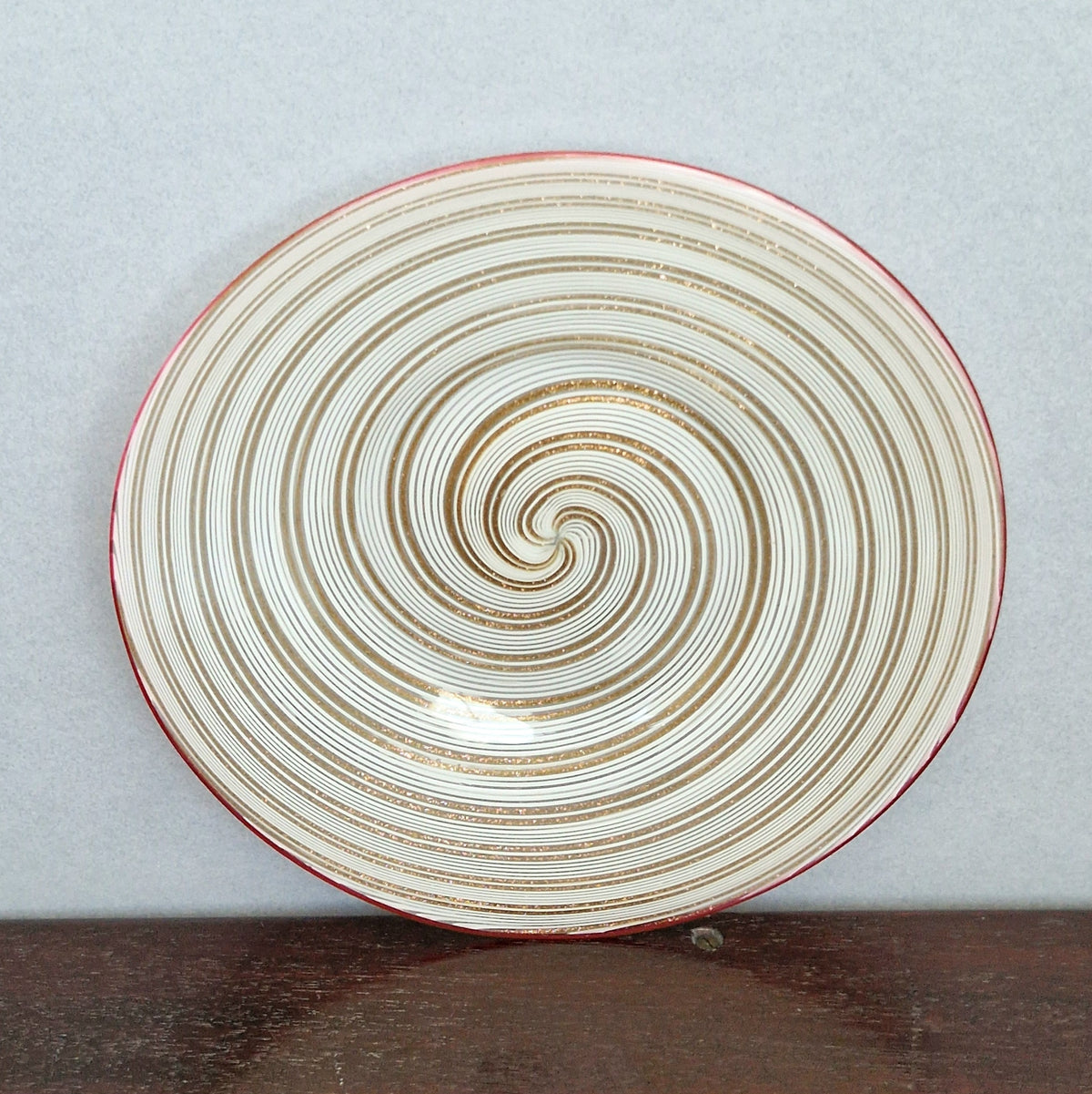 Antique Salviati Murano Glass Plate, Mezza Filigrana, Copper Aventurine, Red Rim, Venetian, c.1860–1872, 17.8cm, Rare Collectable
