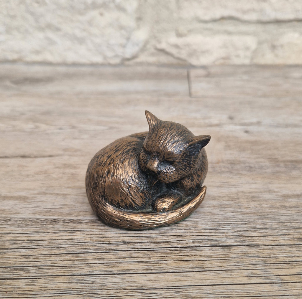 Cat Cold Cast Bronze Resin Curled Licking Figure Vintage Ornament