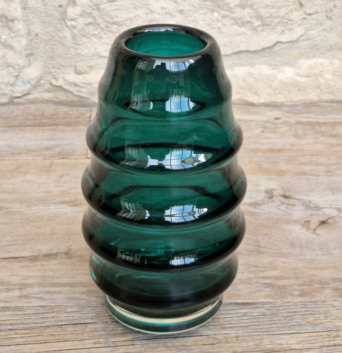 Midcentury Scandinavian Modern Hooped Vase Green Glass Magnor Norway, 1960