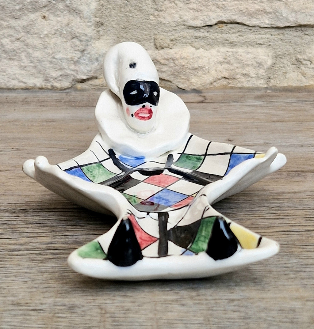Vintage 1950s Italian Ceramic Harlequin Trinket Dish For.Reg.an Milvia Scarpa Style Catchall Plate Commedia dell Arte Pottery