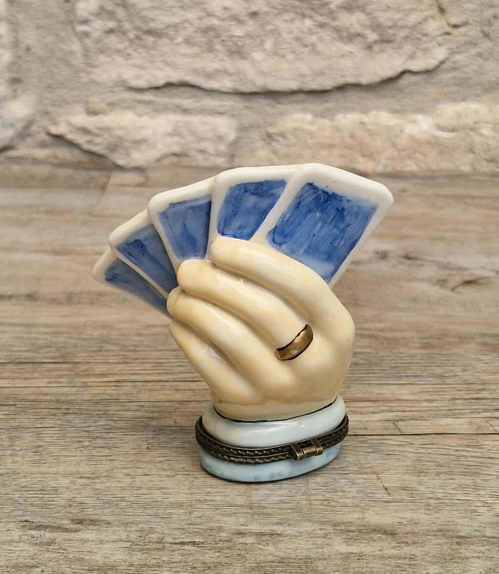 Vintage Rare Limoges Ceramic Poker Hand Full House Card Trinket Pill Box Casino