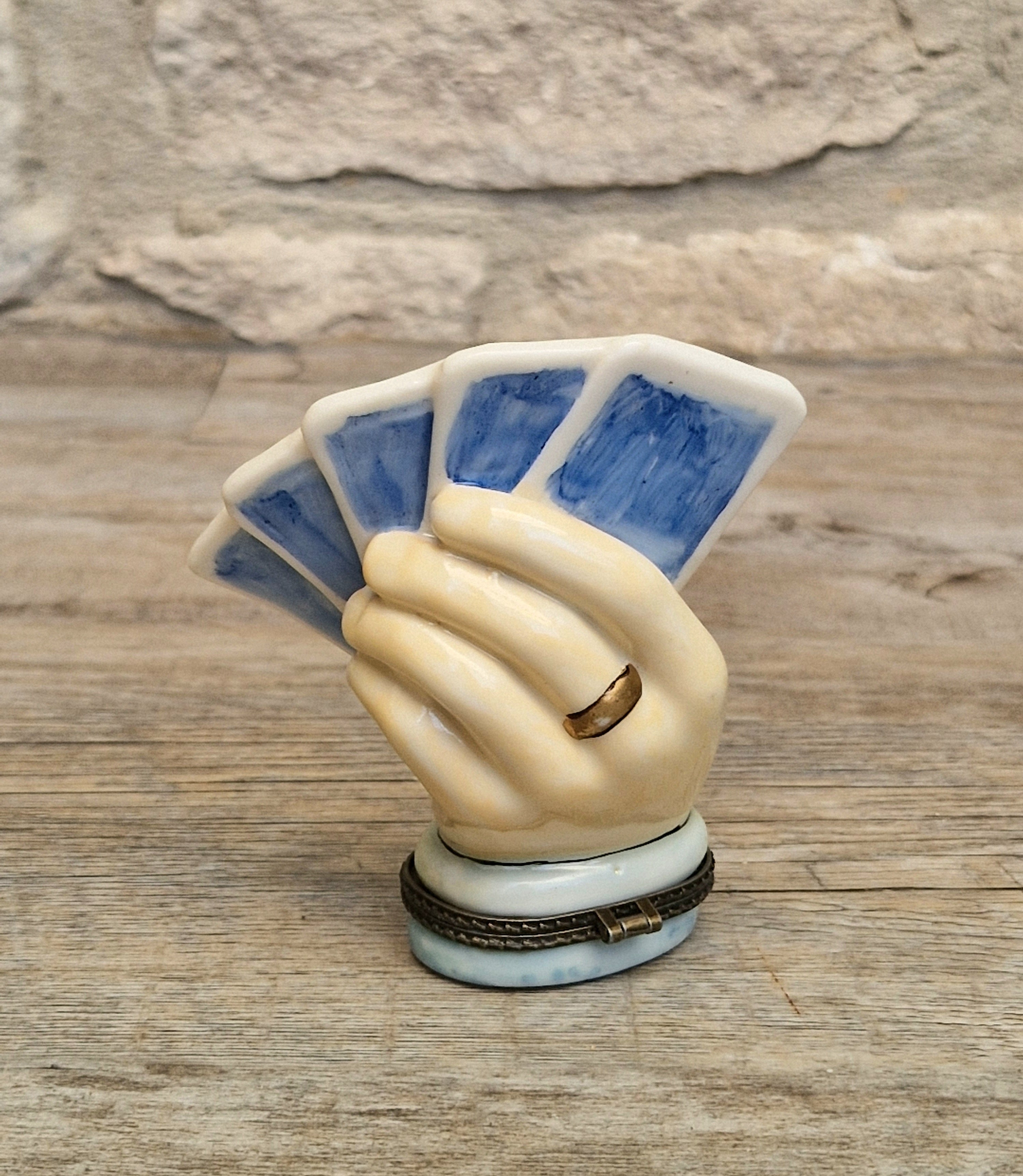 Vintage Rare Limoges Ceramic Poker Hand Full House Card Trinket Pill Box Casino