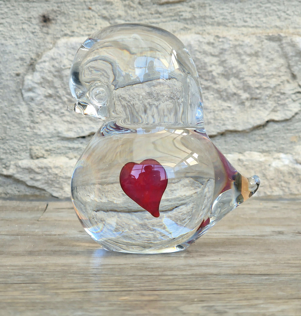 Art Glass Stylised Duckling Shaped Clear Glass With Embedded Red Heart Paperweight Ornament