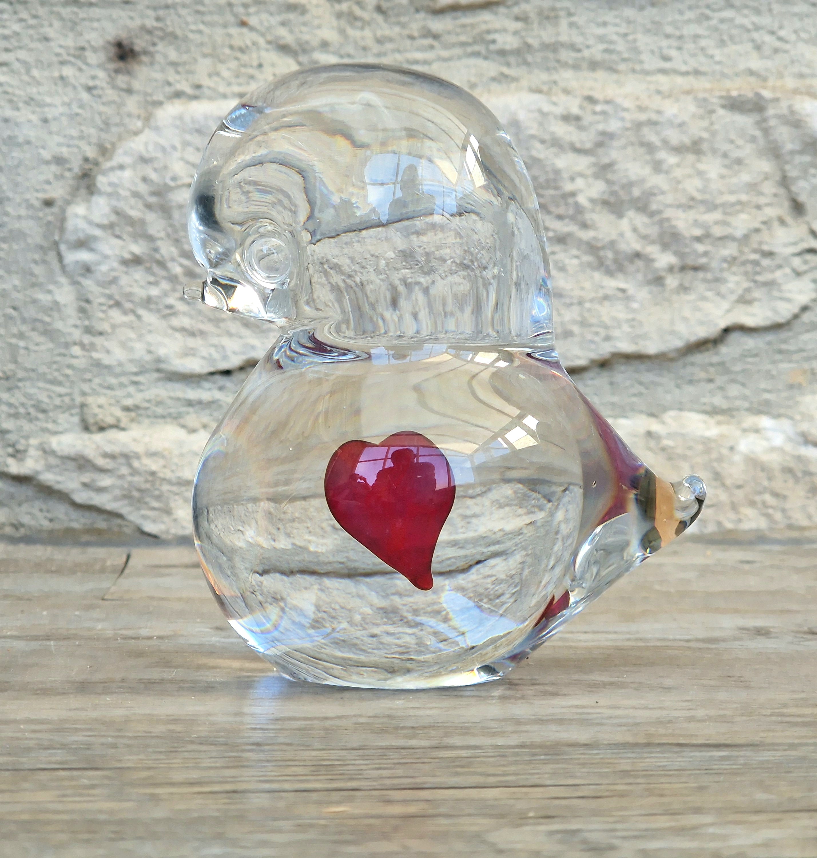 Art Glass Stylised Duckling Shaped Clear Glass With Embedded Red Heart Paperweight Ornament
