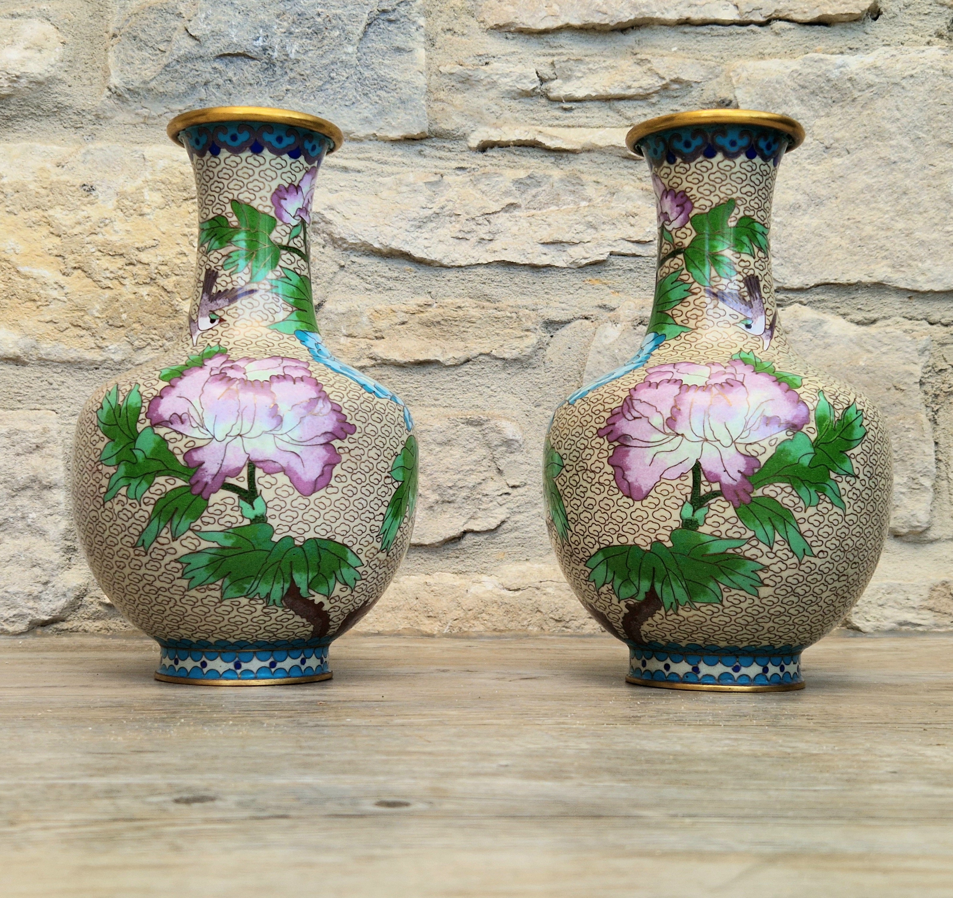 Pair Of Large Cloisonne Mirror Matched Peony Vases Mid 20th Century Exemplary Condition 23cm