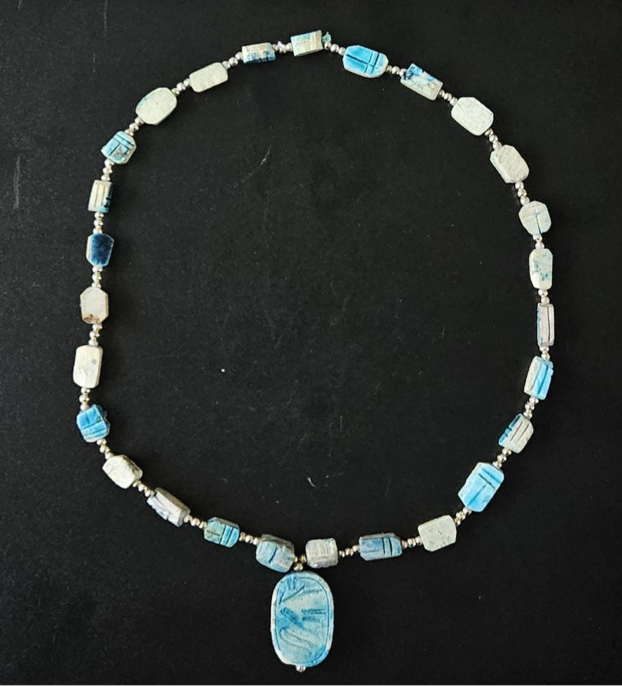 Vintage Turquoise Scarab Necklace Egyptian Revival Beaded with Pendant