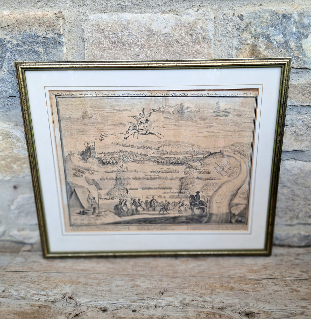 1742 Prague Siege Antique Copperplate Engraving John Bickham Military Battle Map Satire Print Framed