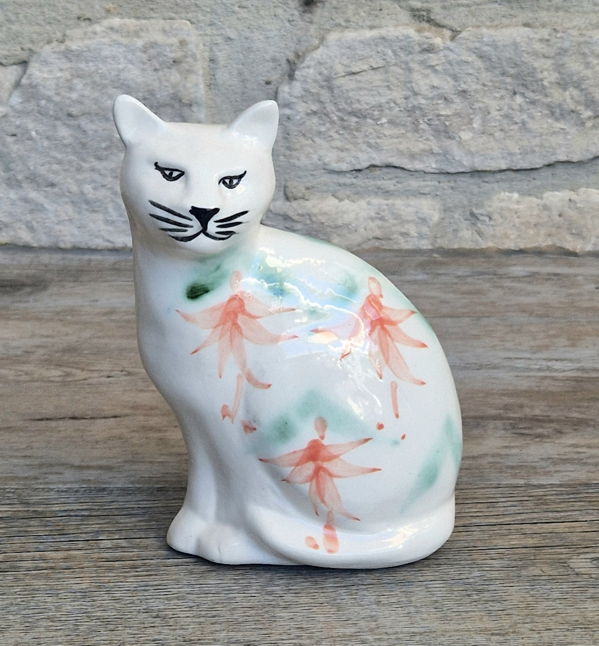 Vintage Moorland Pottery Seated Cat Figurine Hand Painted Fuchsia Floral Staffordshire Art Pottery