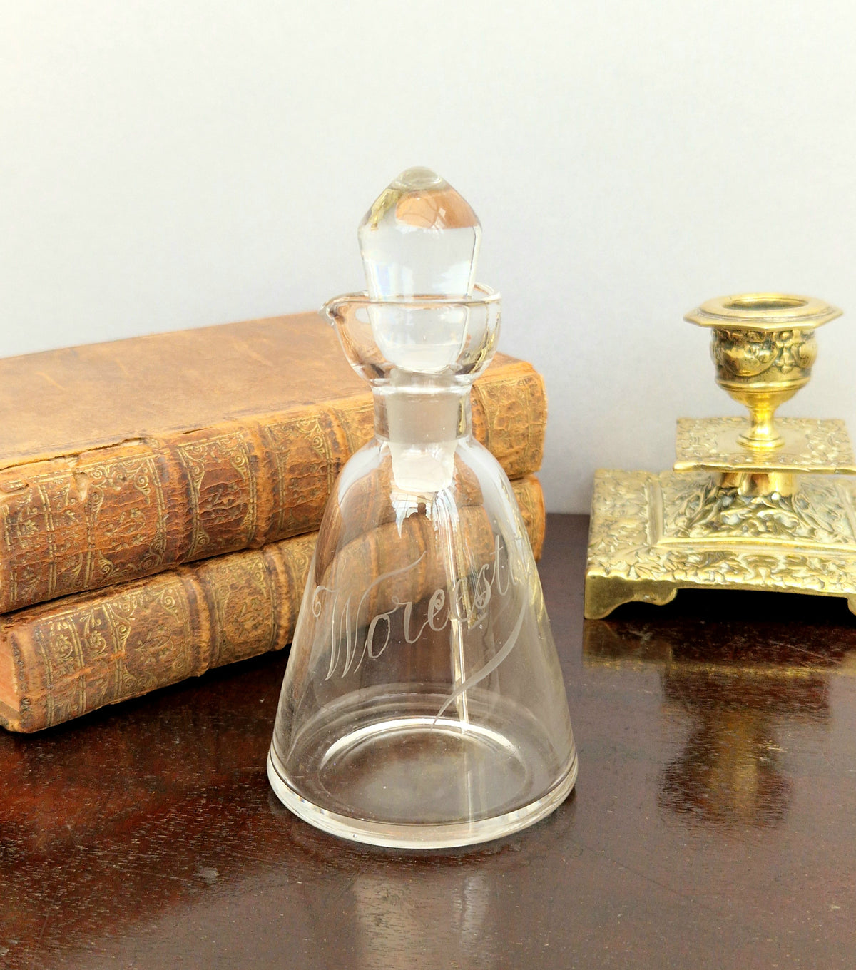 Antique Engraved Glass Worcester Condiment Bottle c.19th Century Fine Copper Wheel Engraving  Glass Stopper English