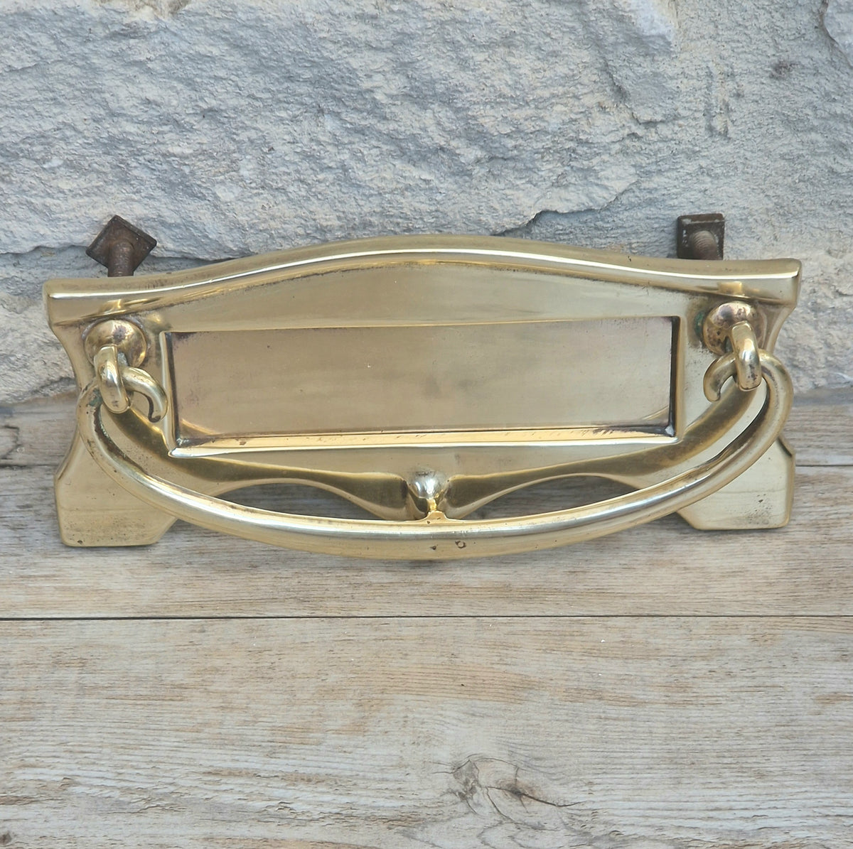 Art Deco Antique Brass Letterbox Plate Door Knocker Original Bolts 18cm