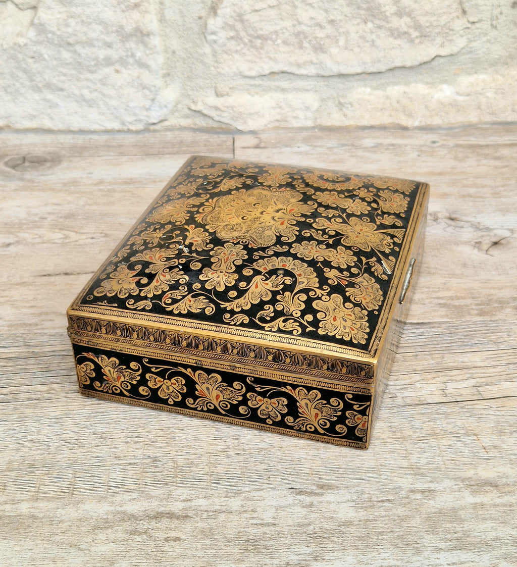 Vintage Brass Black Enamelled Large Ornate Teak-Lined Desk Cigar Box
