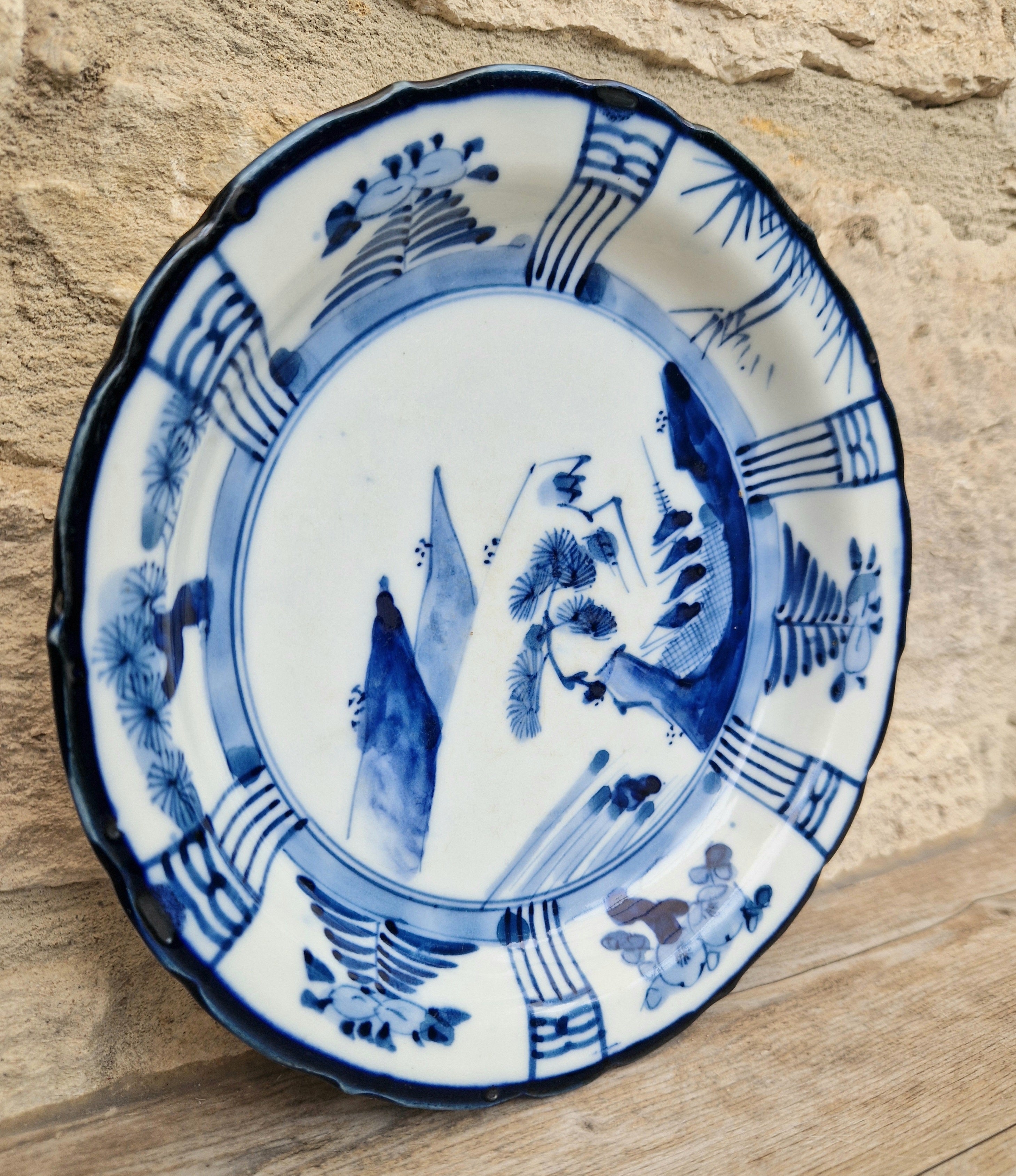 Japanese Ceramic Namasu-Zara Dish Blue & White Arita Edo 'Scholar's Retreat' Kraak Style Rare Antique