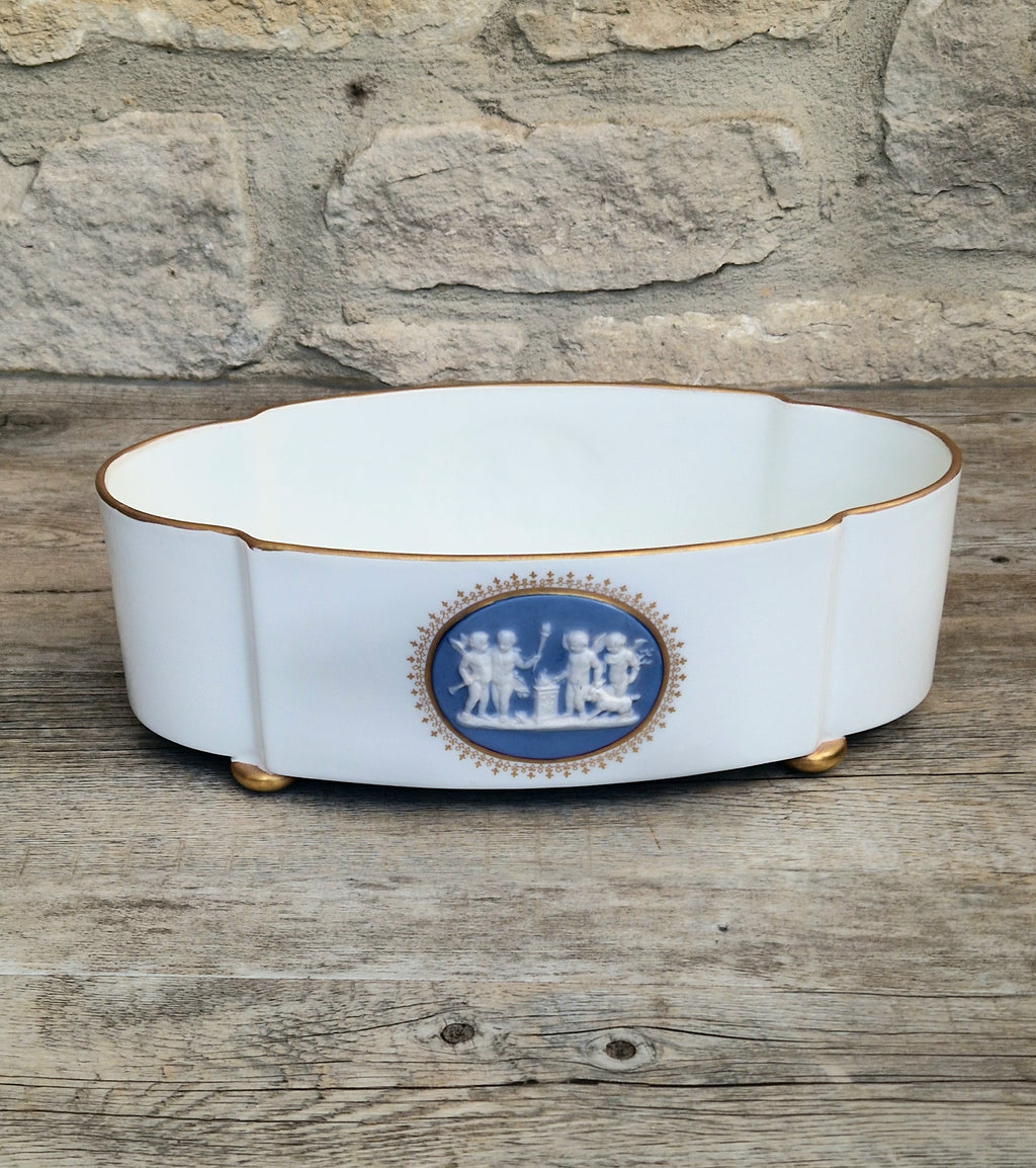 Vintage Vista Alegre Footed Centerpiece, White and Gold Porcelain Scalloped Planter Bowl Blue Jasperware Cherub Cameo