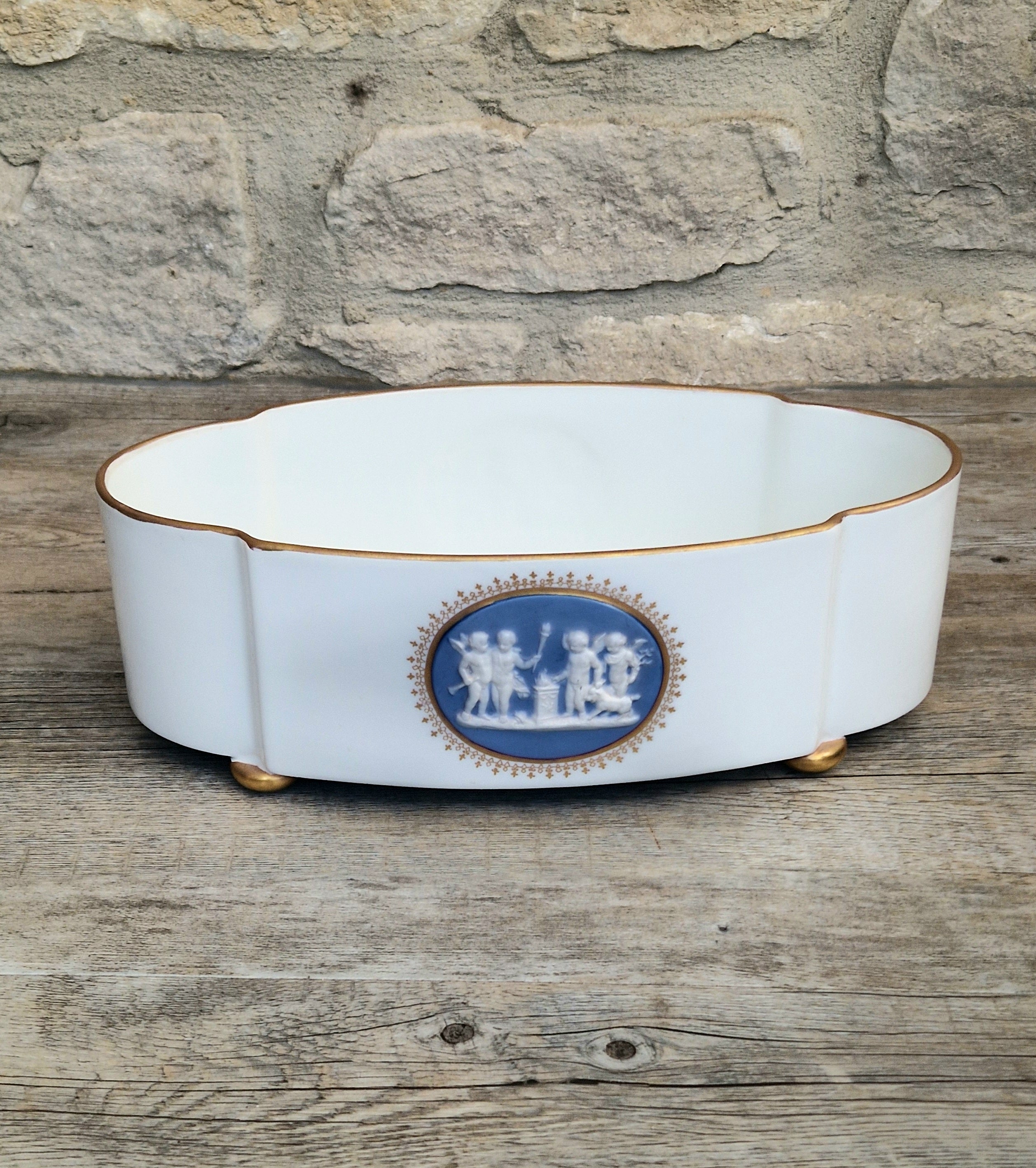 Vintage Vista Alegre Footed Centerpiece, White and Gold Porcelain Scalloped Planter Bowl Blue Jasperware Cherub Cameo