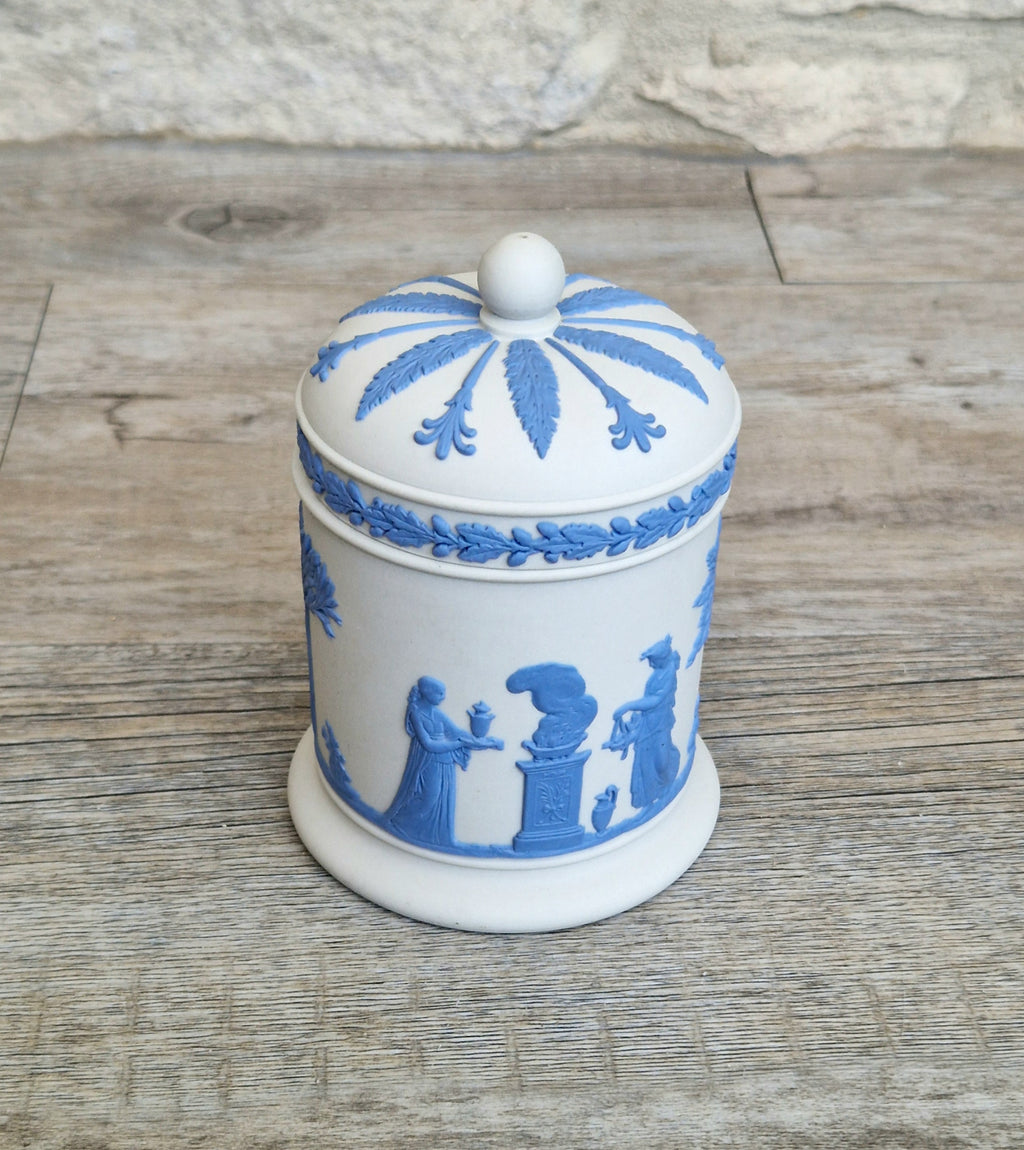 Wedgwood Jasperware Neo Classical Lidded Pot Reverse Blue on White Vintage Wedgwood Made in England
