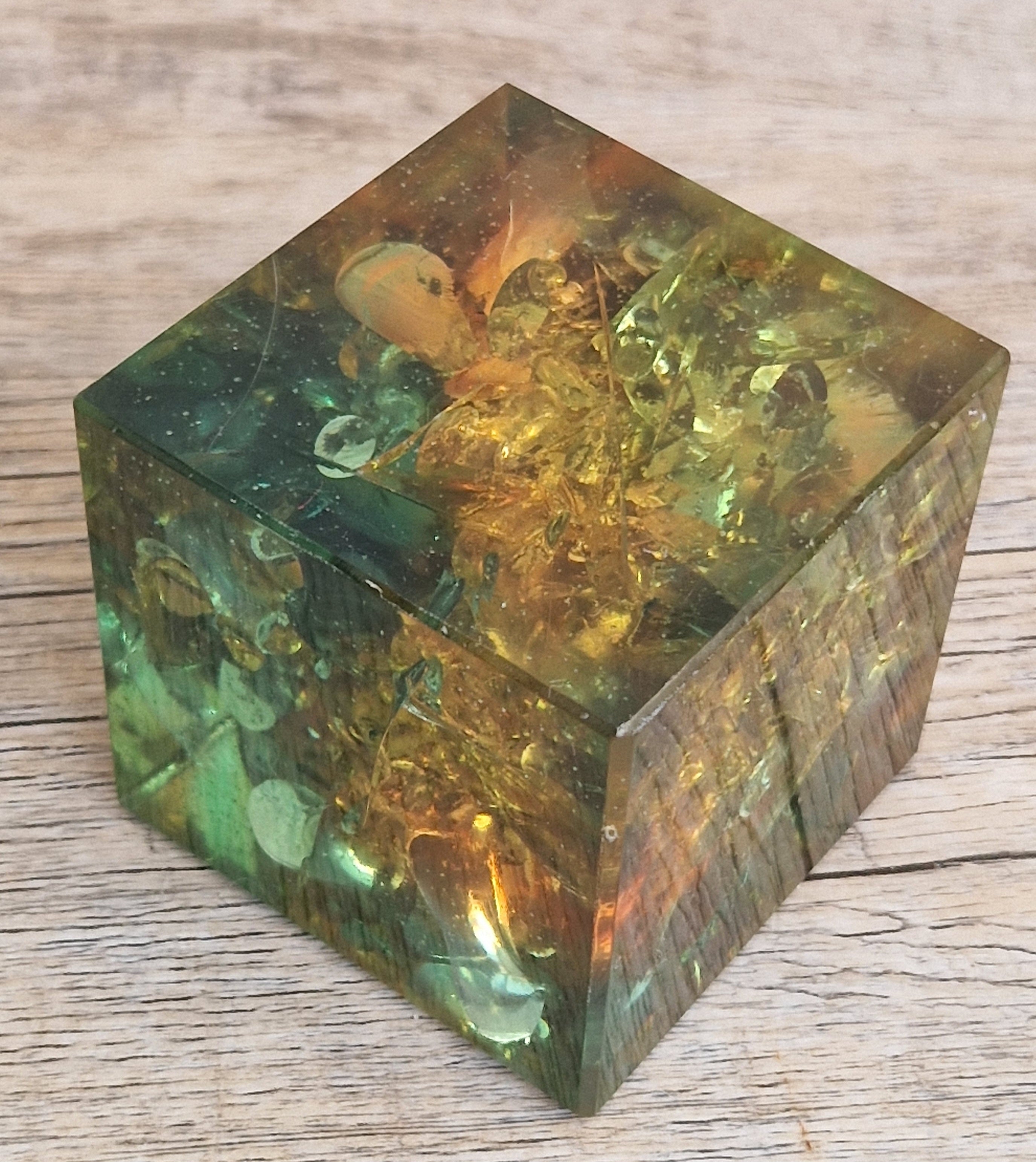 Vintage 1960s Shattaline Resin Cube Paperweight Amber Green Fractured Ice Mid Century Desk Ornament