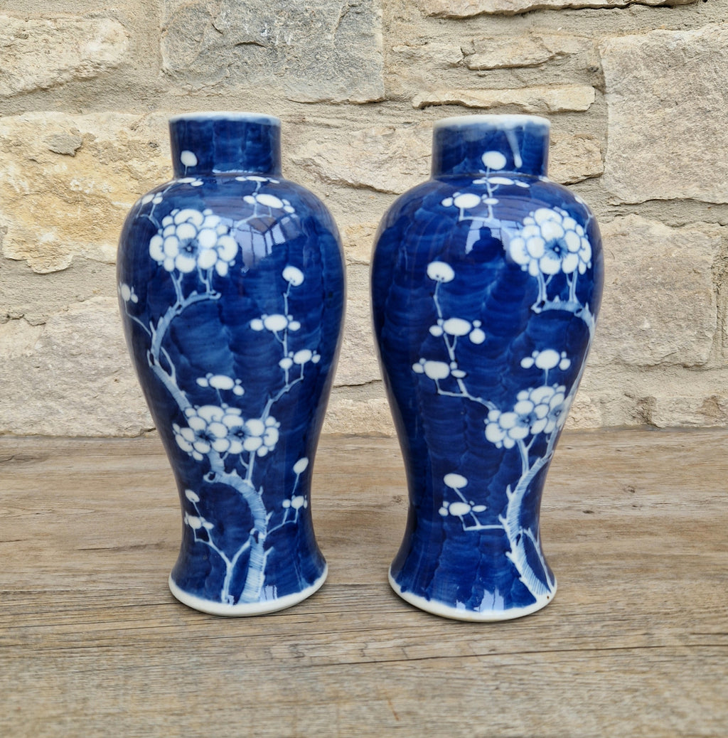 Pair Kangxi Style Blue & White Prunus Baluster Garniture Vases