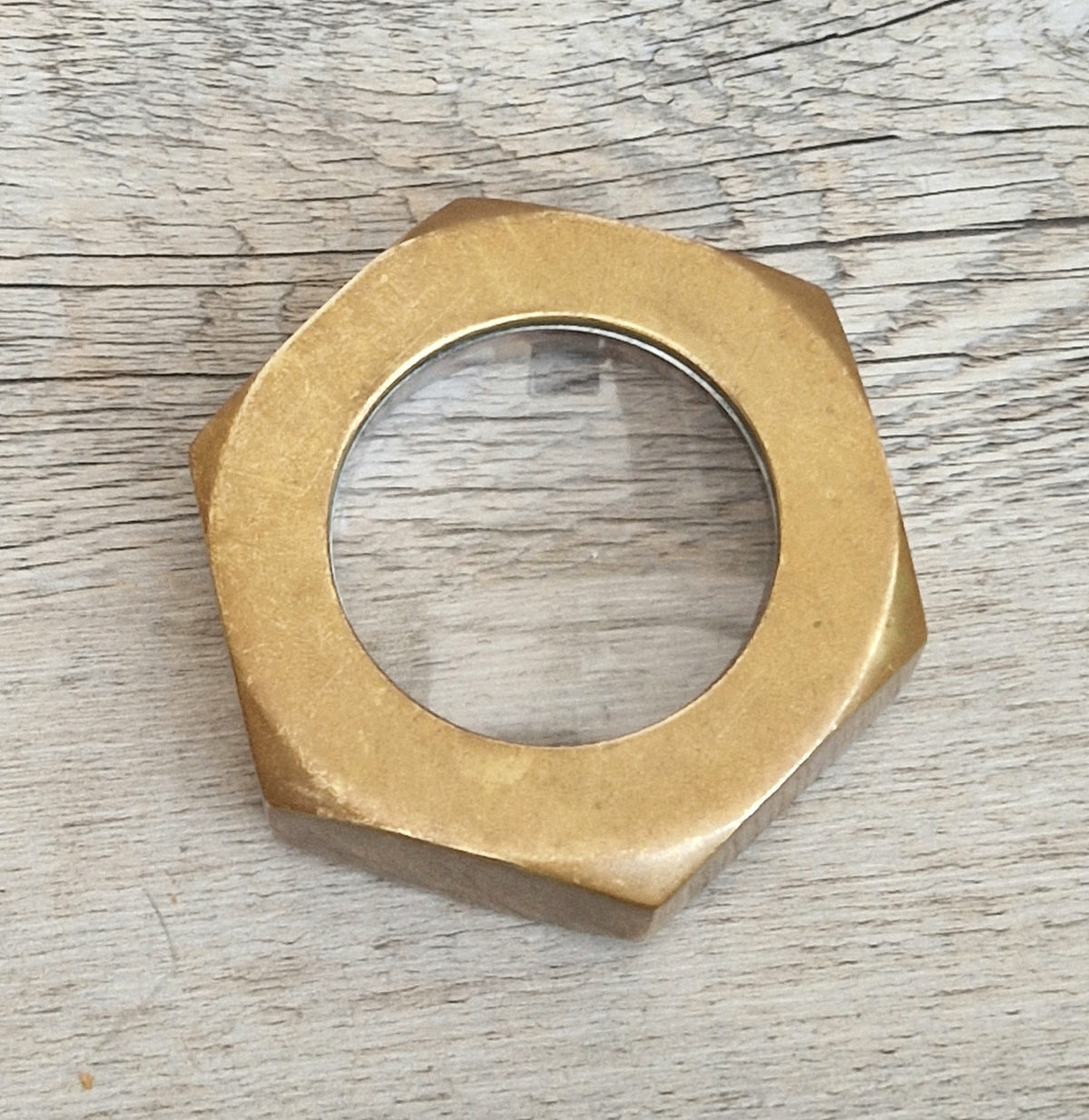 Carl Auböck Brass Hexagon Nut Magnifier Paperweight, Vintage Austria Werkstätte 1950s Desk Accessory, Model 5071 Authentic