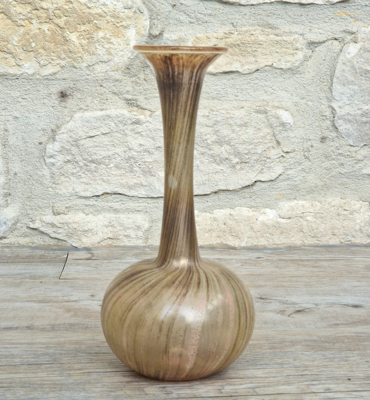 Vintage Peloton Style Art Glass Vase, Marvered Textured Swirl Decoration, Iridescent Handblown Studio Glass Collectible