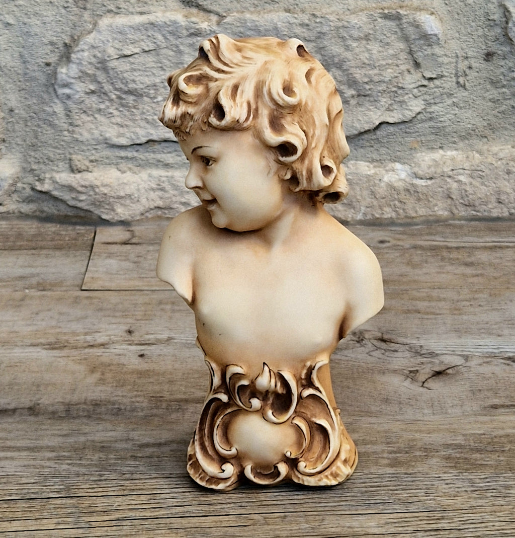 Antique NeoClassical Continental Patinated Bisque Porcelain Putti Child Bust Figure Ornament