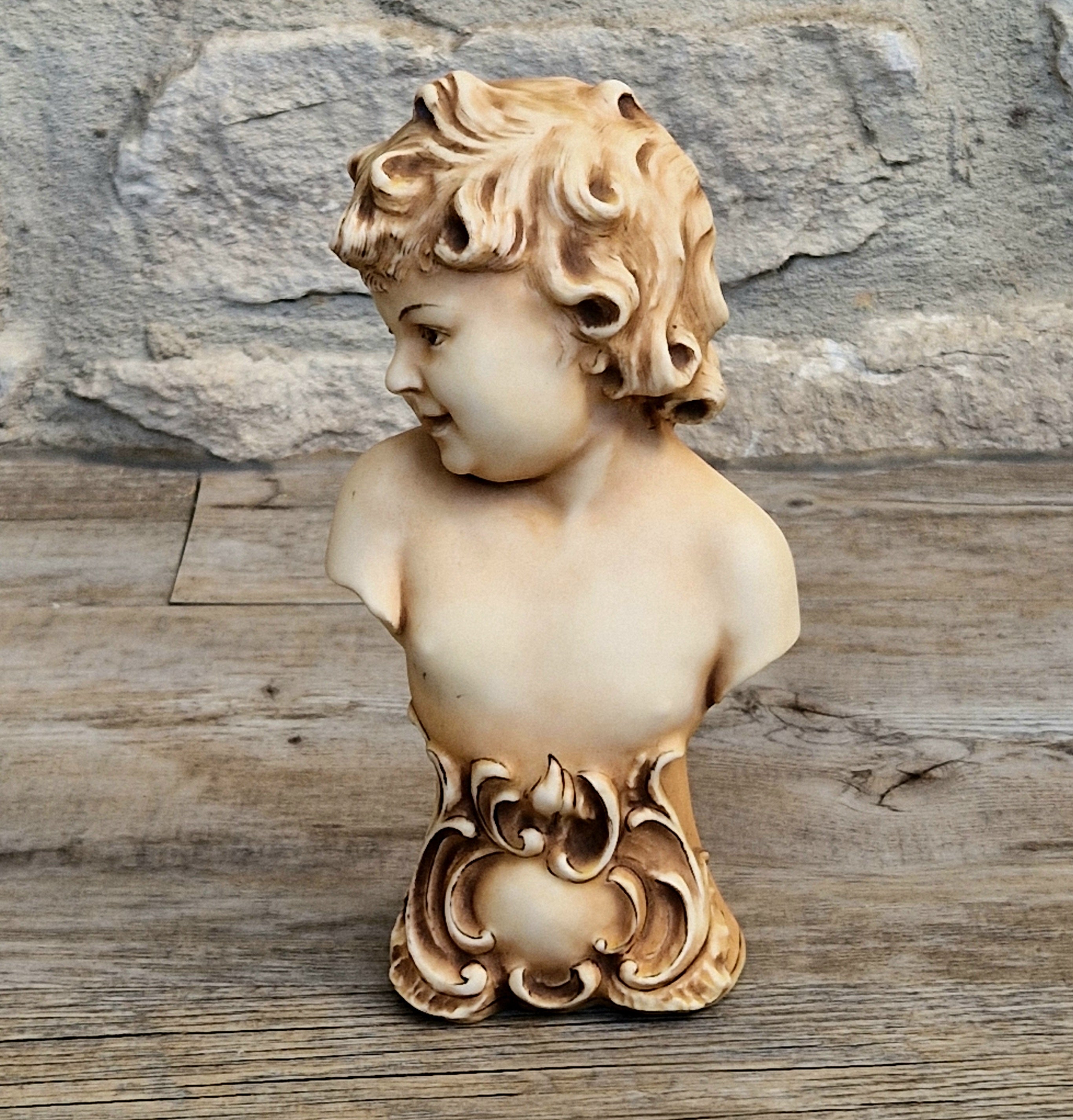 Antique NeoClassical Continental Patinated Bisque Porcelain Putti Child Bust Figure Ornament