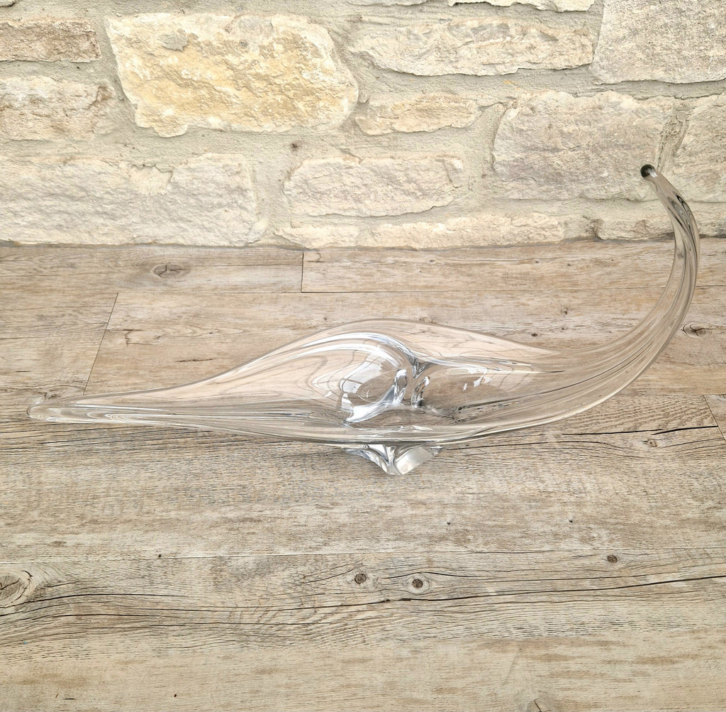 Vintage Art Vannes France Signed Lead Crystal Centerpiece | 1950s Mid Century Modern Biomorphic Freeform Sculptural Glass Bowl