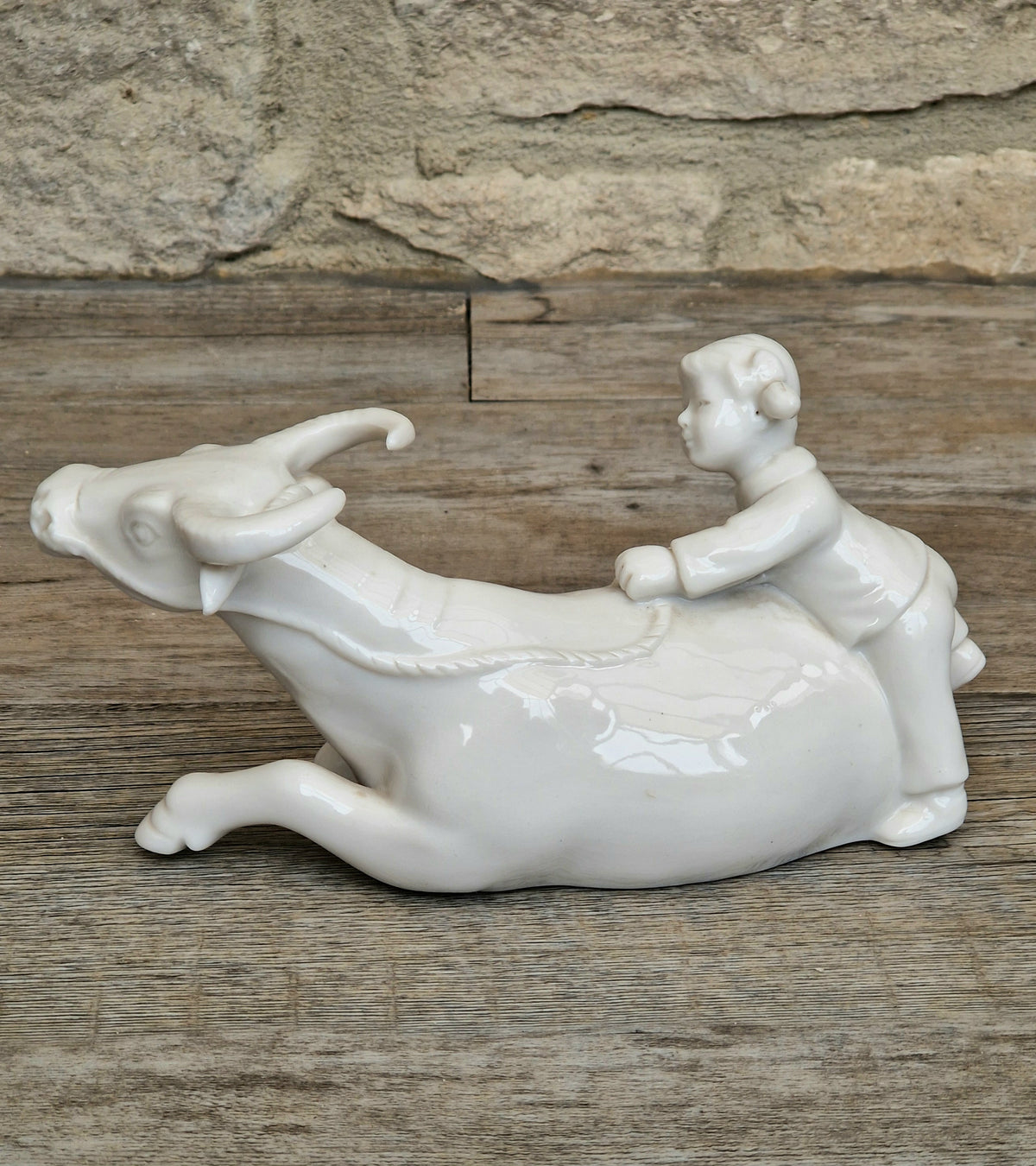 Vintage Chinese Blanc De Chine Porcelain Figurine Girl Riding Water Buffalo Ox Ceramic Home Ornament