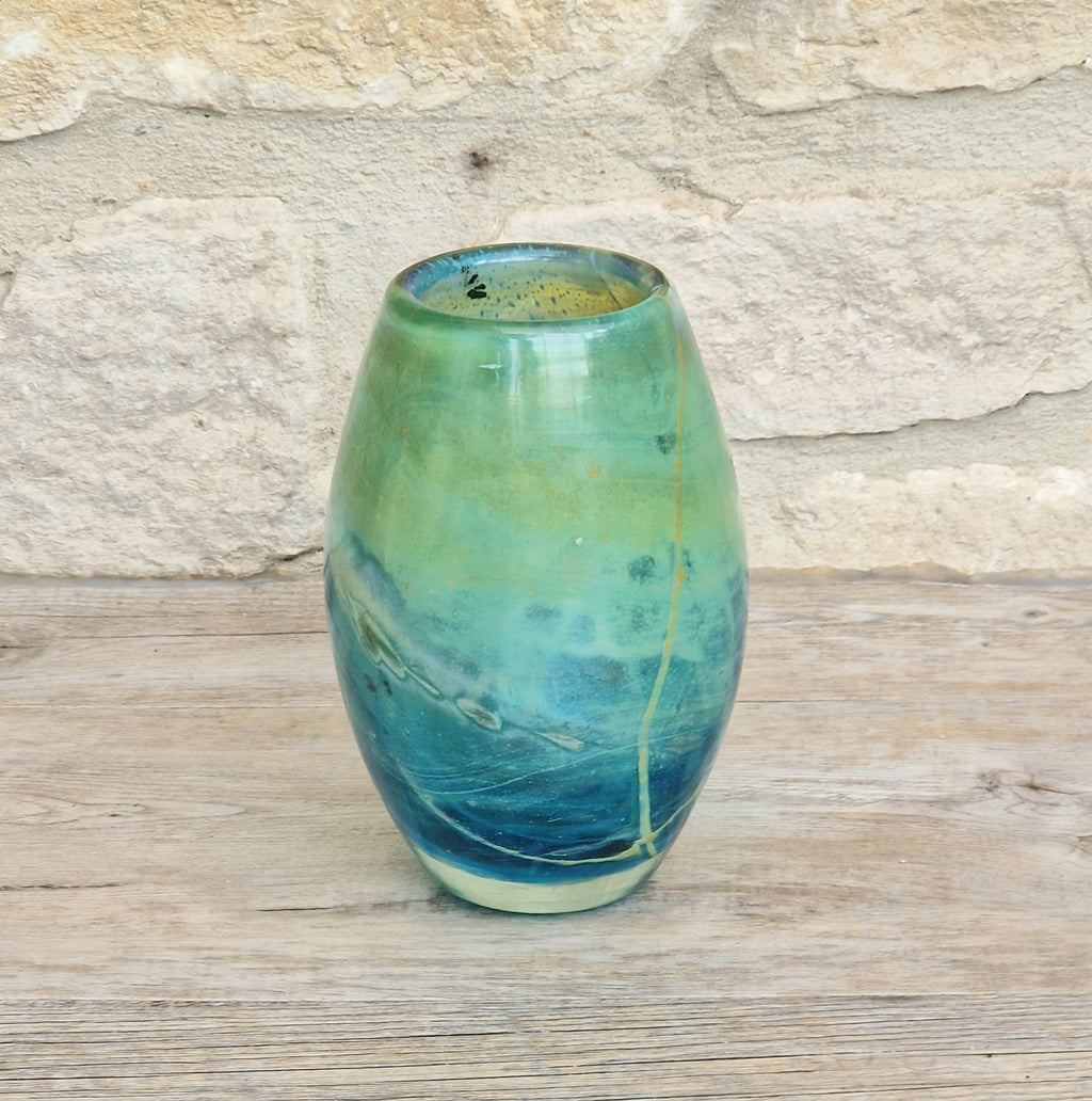 Vintage Mdina Maltese Art Glass Tiger Vase 16cm Signed Mid Century Blue Green 1kg