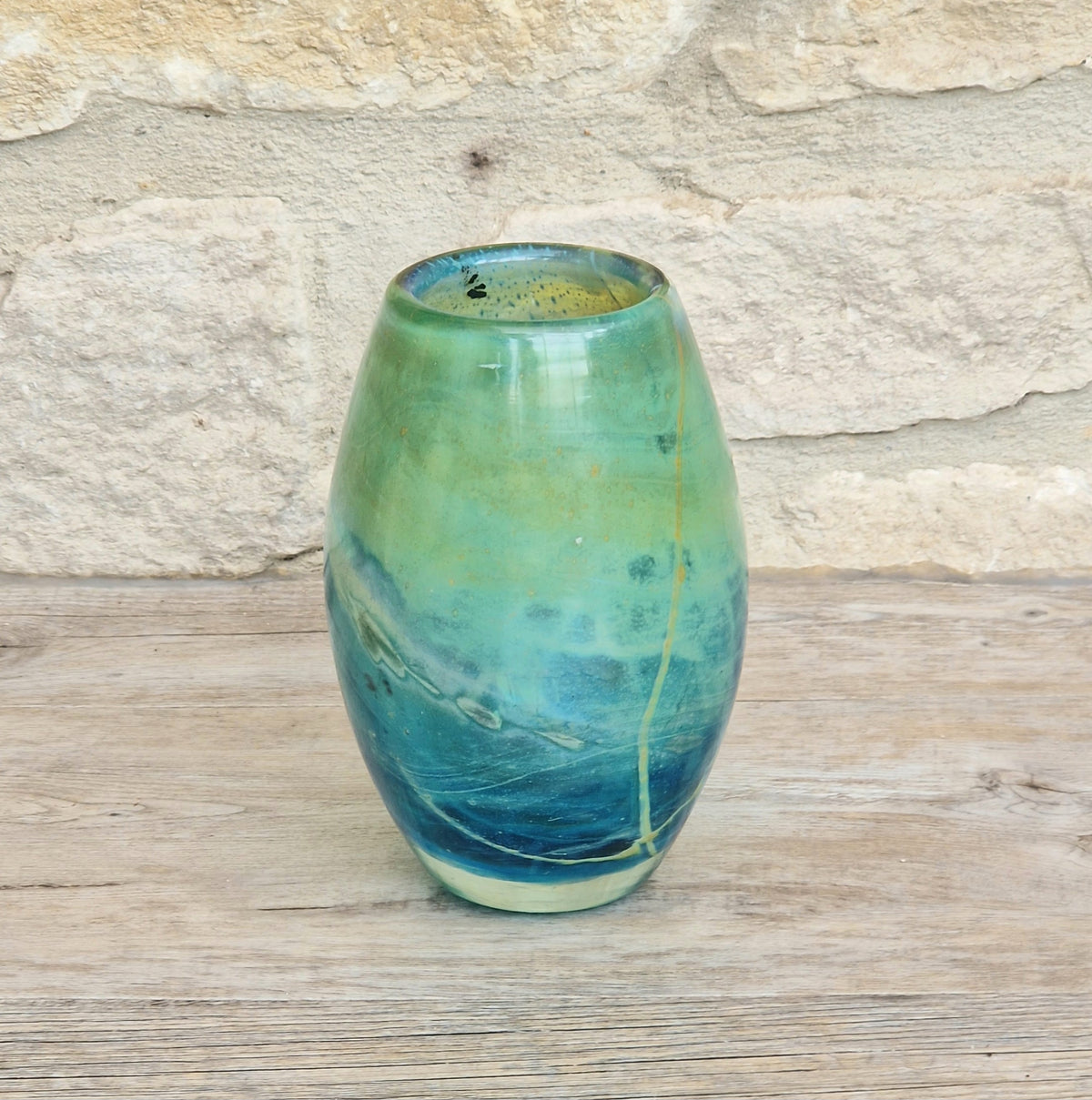 Vintage Mdina Maltese Art Glass Tiger Vase 16cm Signed Mid Century Blue Green 1kg