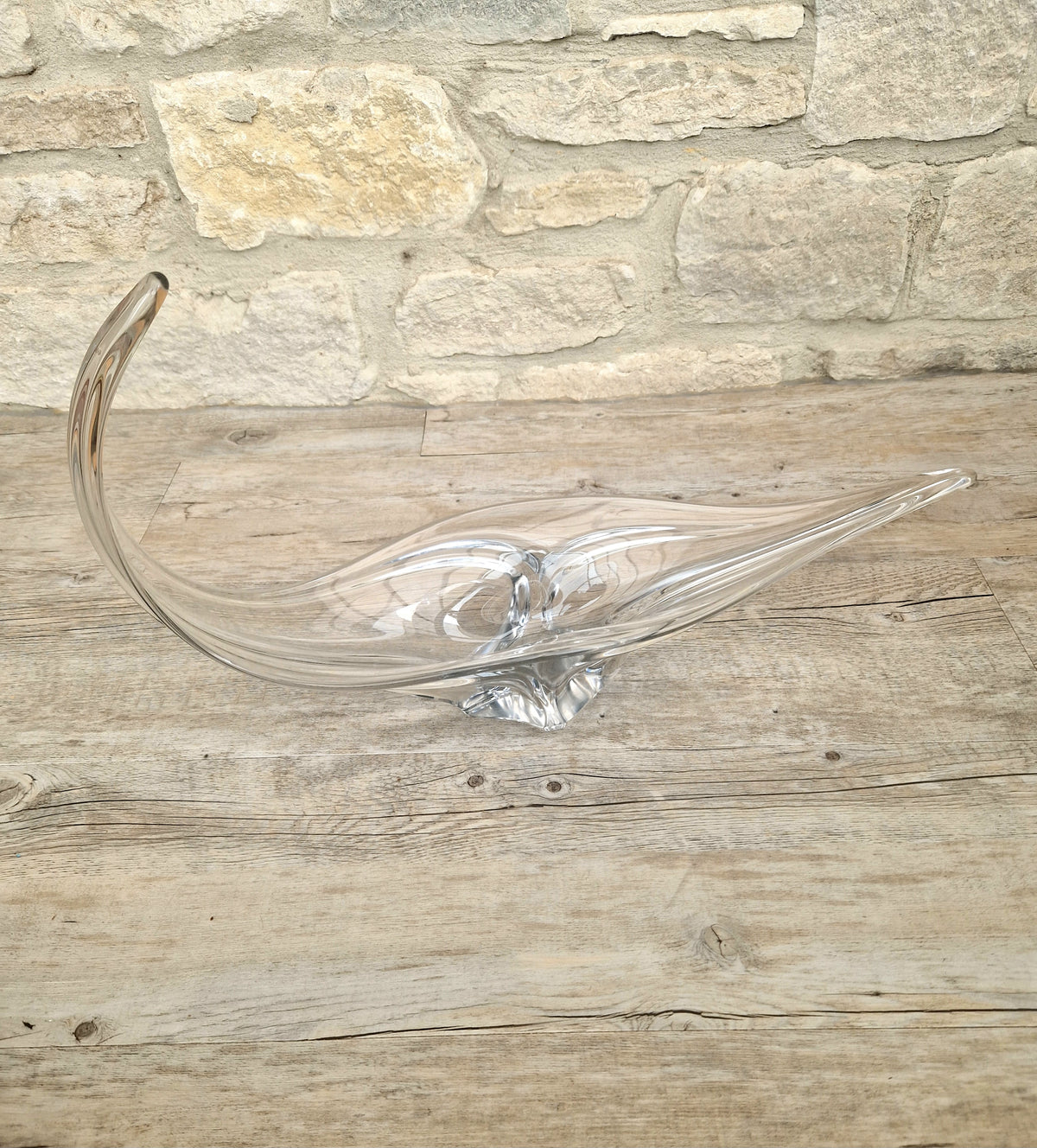 Vintage Art Vannes France Signed Lead Crystal Centerpiece | 1950s Mid Century Modern Biomorphic Freeform Sculptural Glass Bowl