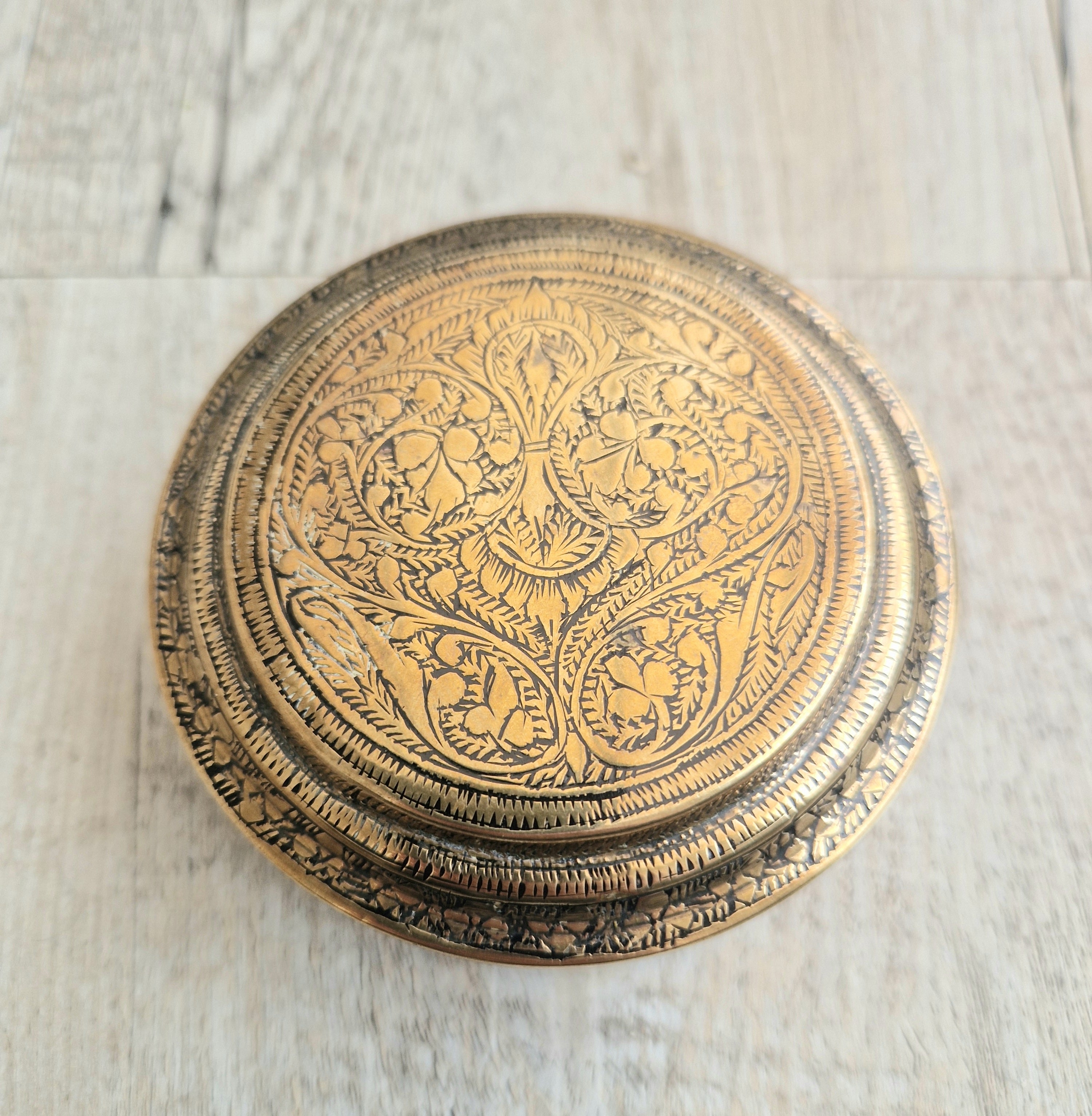 Antique 19th Century Deccan Indian Floral Engraved Pandan Brass Betel Nut Box