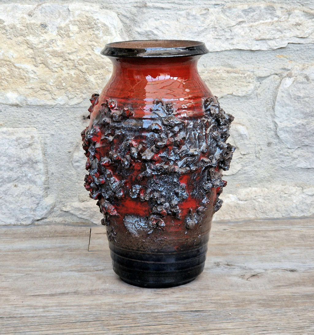 Mid-Century Glit Iceland Lava Pottery Vase Red 23.5cm Volcanic Studio Ceramic