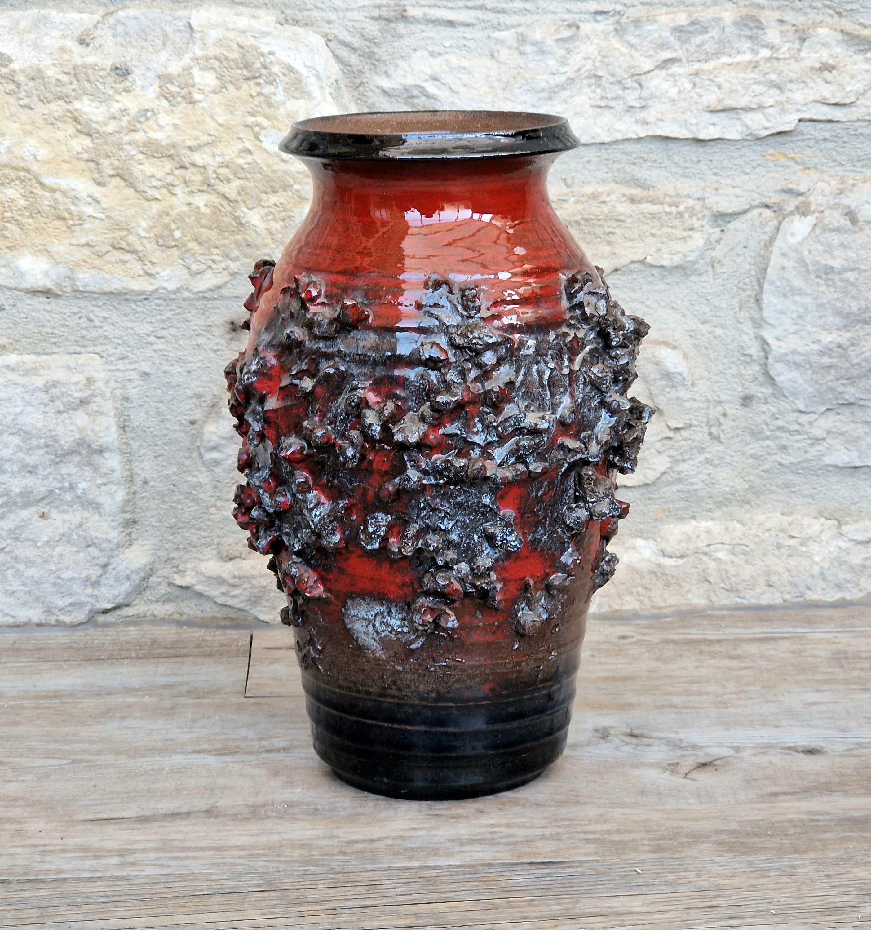 Mid-Century Glit Iceland Lava Pottery Vase Red 23.5cm Volcanic Studio Ceramic