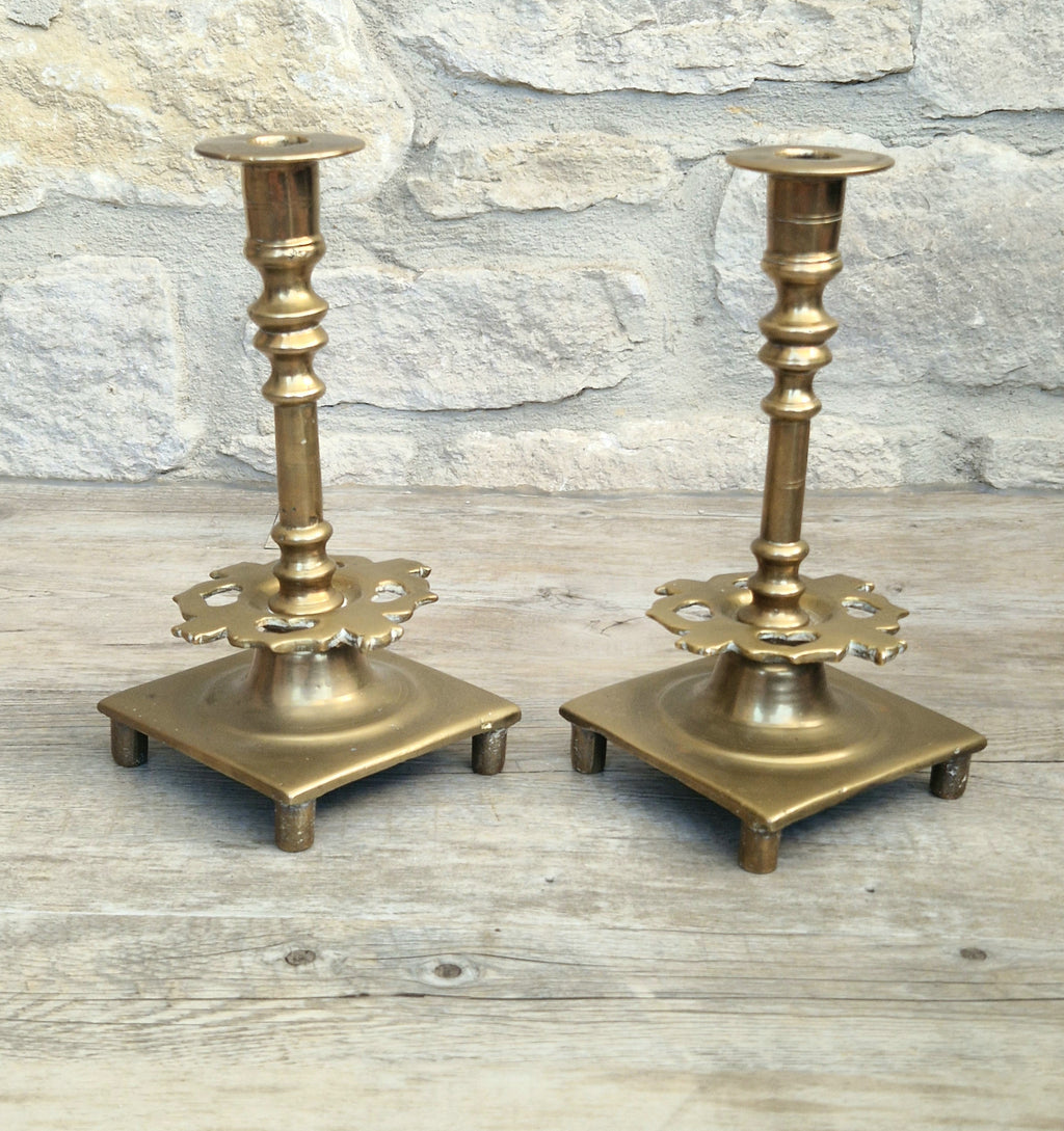 18th Century Solid Turned Brass Russian Sabbat Candle Holder Sticks Very Rare
