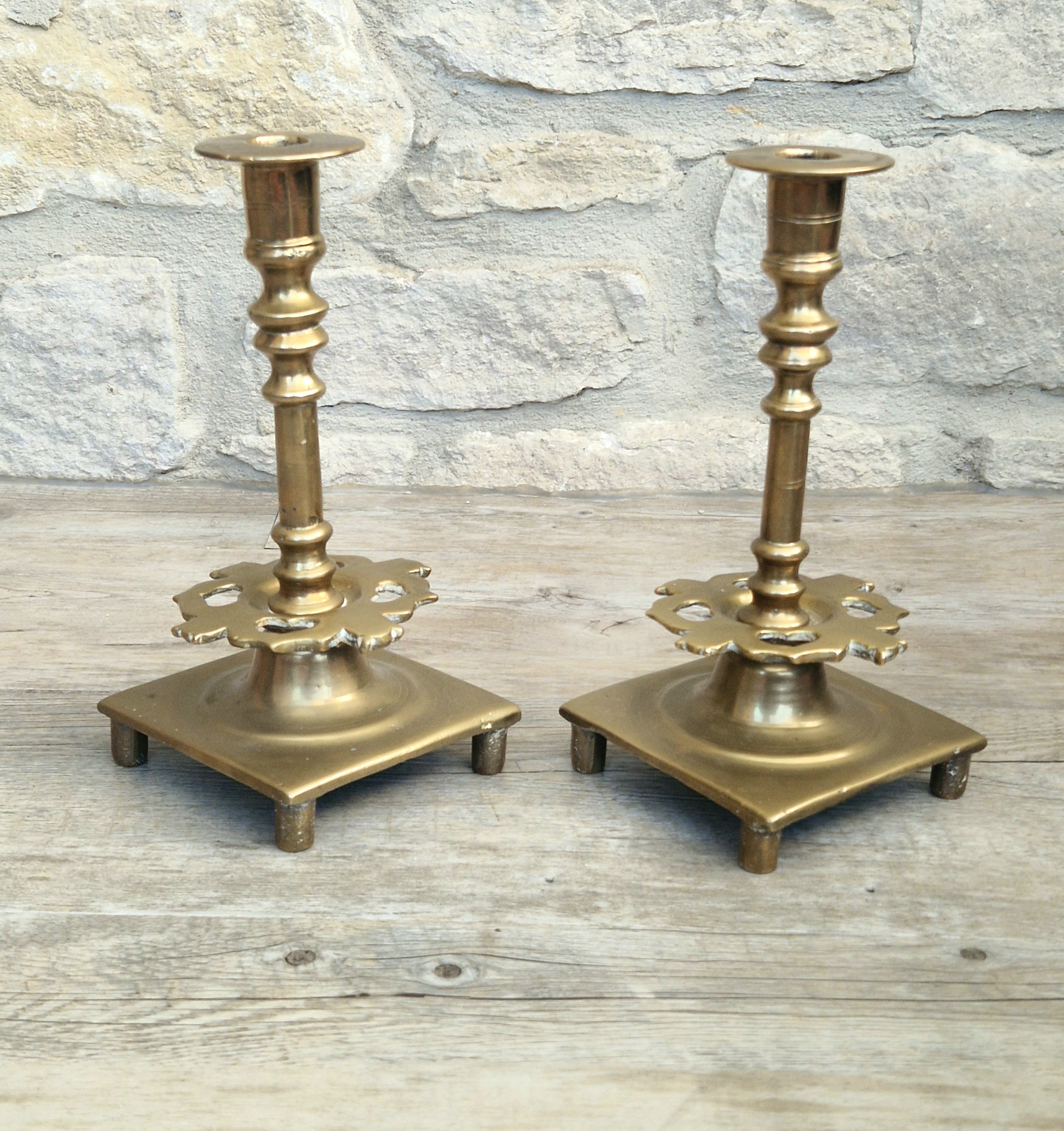 18th Century Solid Turned Brass Russian Sabbat Candle Holder Sticks Very Rare