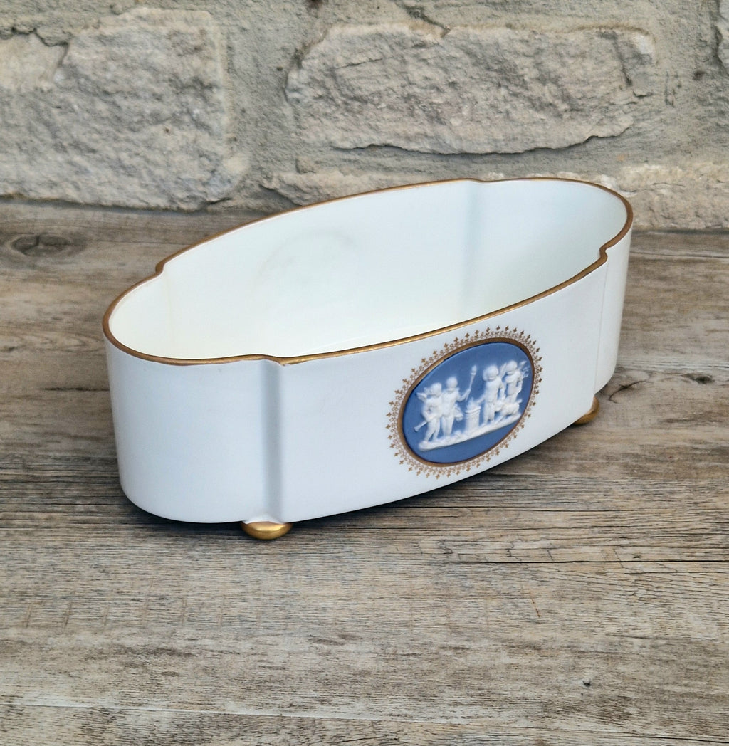 Vintage Vista Alegre Footed Centerpiece, White and Gold Porcelain Scalloped Planter Bowl Blue Jasperware Cherub Cameo