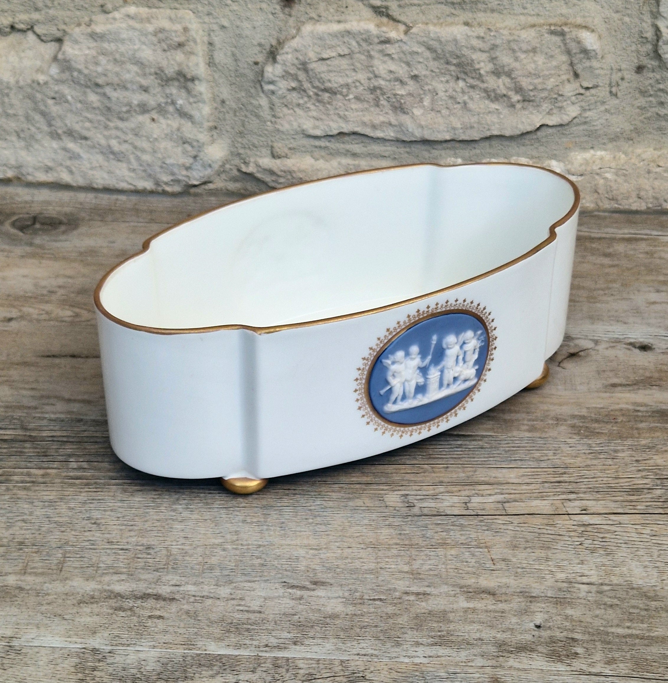 Vintage Vista Alegre Footed Centerpiece, White and Gold Porcelain Scalloped Planter Bowl Blue Jasperware Cherub Cameo
