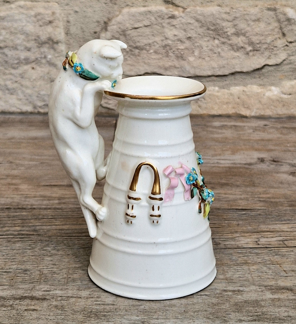 Antique Copeland Porcelain Cat Cream Churn Vases Pair Floral Applied Flowers Gilt 19th Century