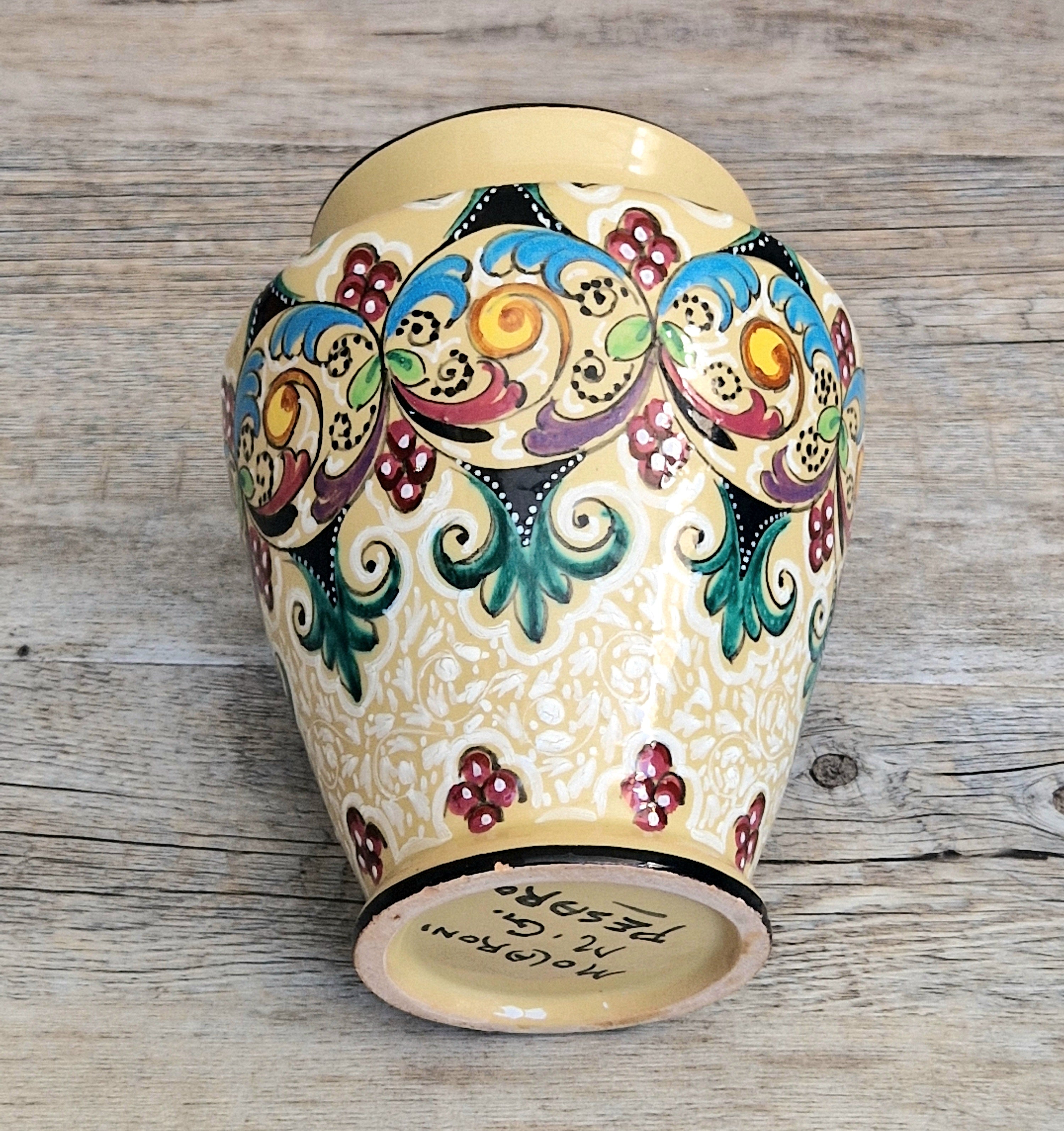 Vintage Molaroni Pesaro Italian Majolica 15cm Grotesque Baluster Vase