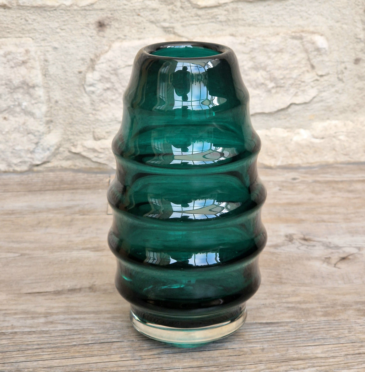 Midcentury Scandinavian Modern Hooped Vase Green Glass Magnor Norway, 1960