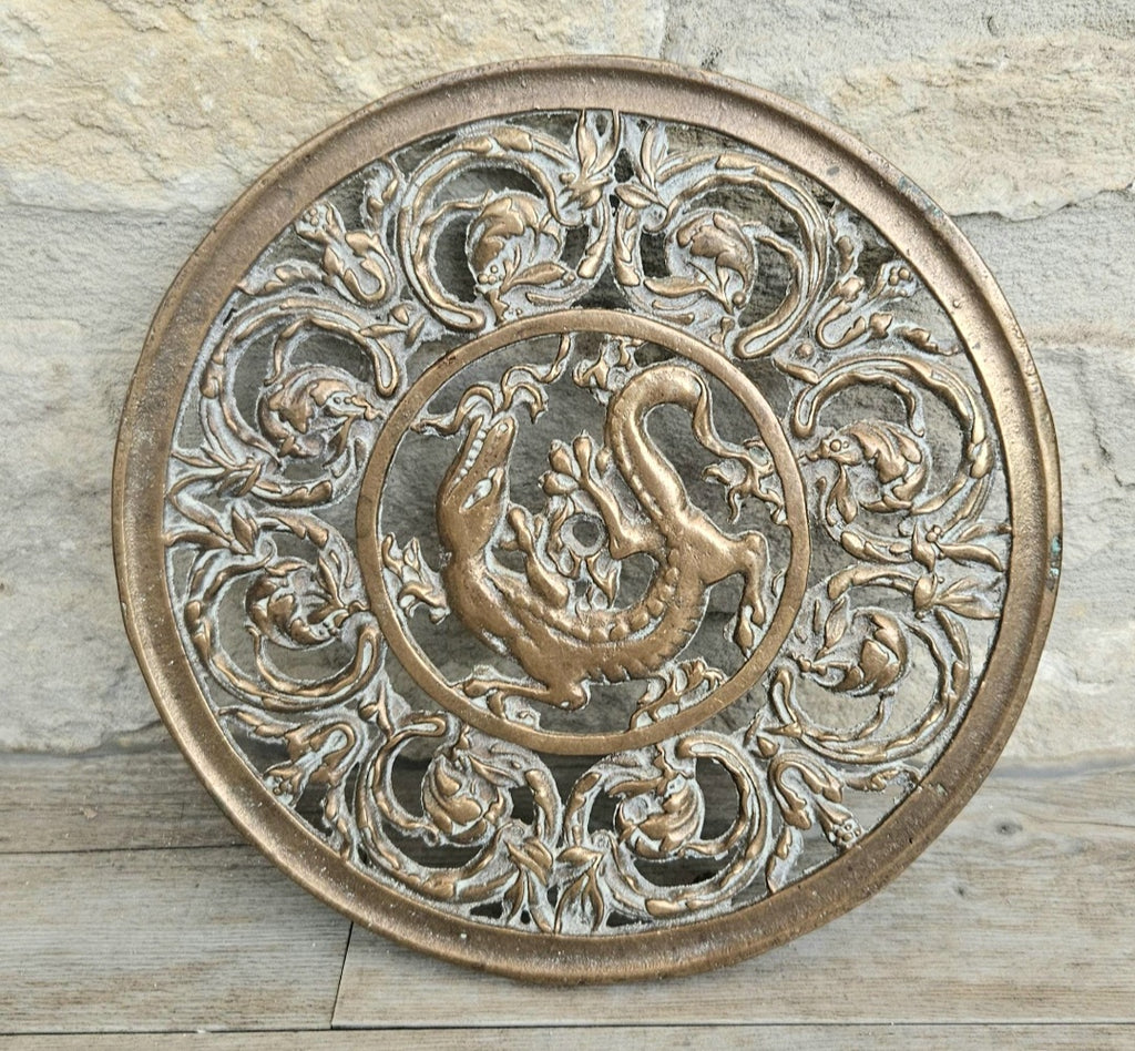 Vintage Filligree Ornate Brass Dragon Round Trivet Stand 20cm Diameter