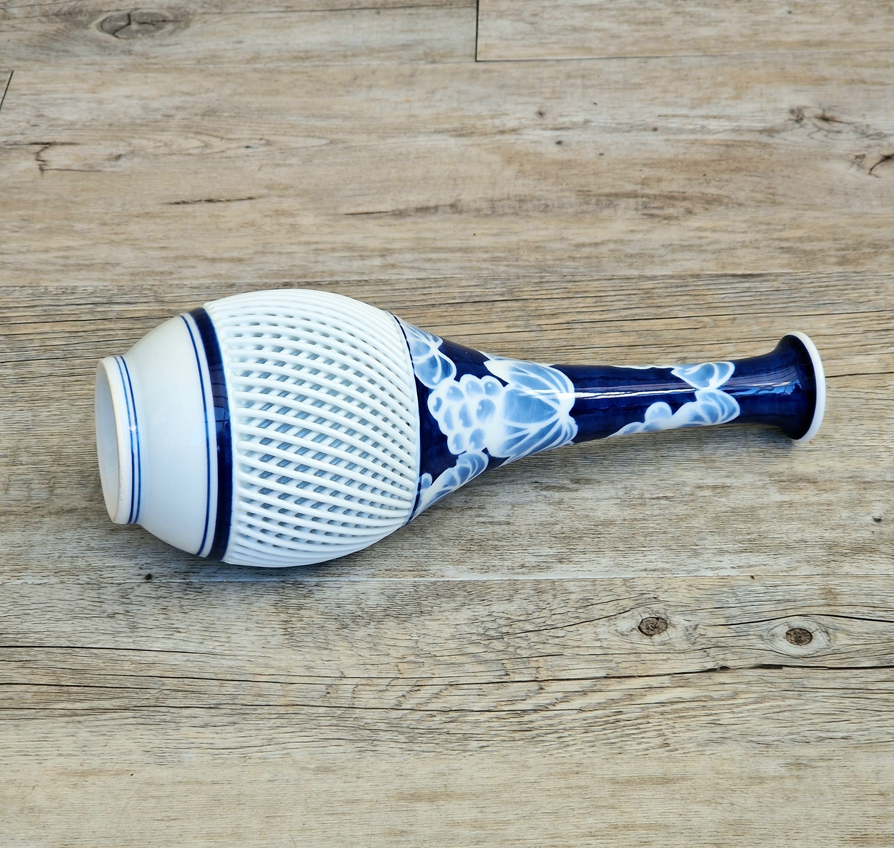 Japanese Arita Hasami Porcelain Vase Reticulated Open Lattice Cobalt Blue & White 24cm