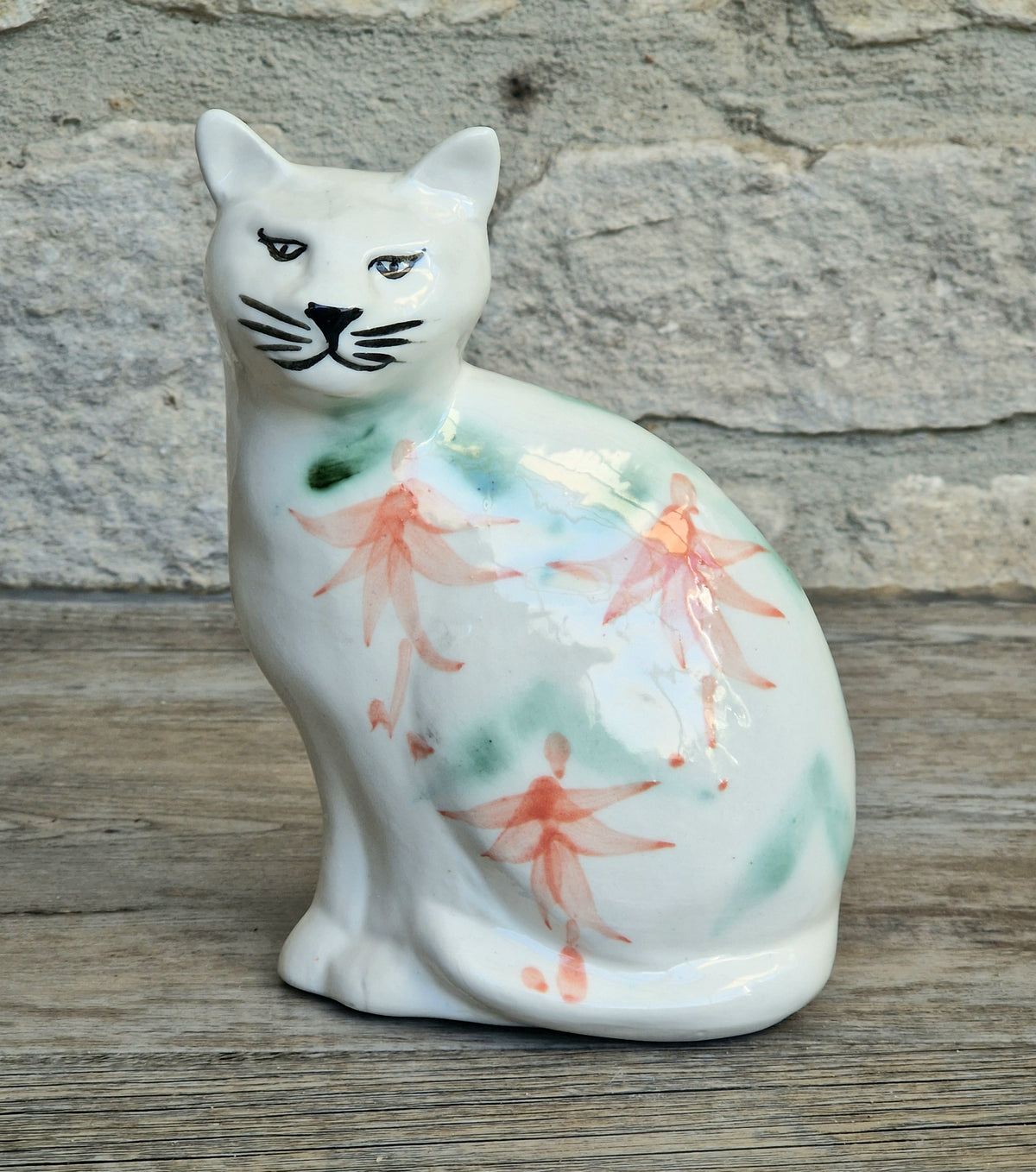 Vintage Moorland Pottery Seated Cat Figurine Hand Painted Fuchsia Floral Staffordshire Art Pottery