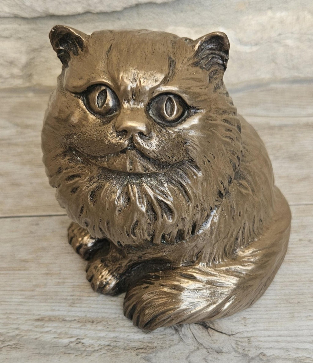 Vintage Heavy Sitting Fat Cat Figure Sculpture Cold Cast Bronze-Resin Signed 11cm Tall