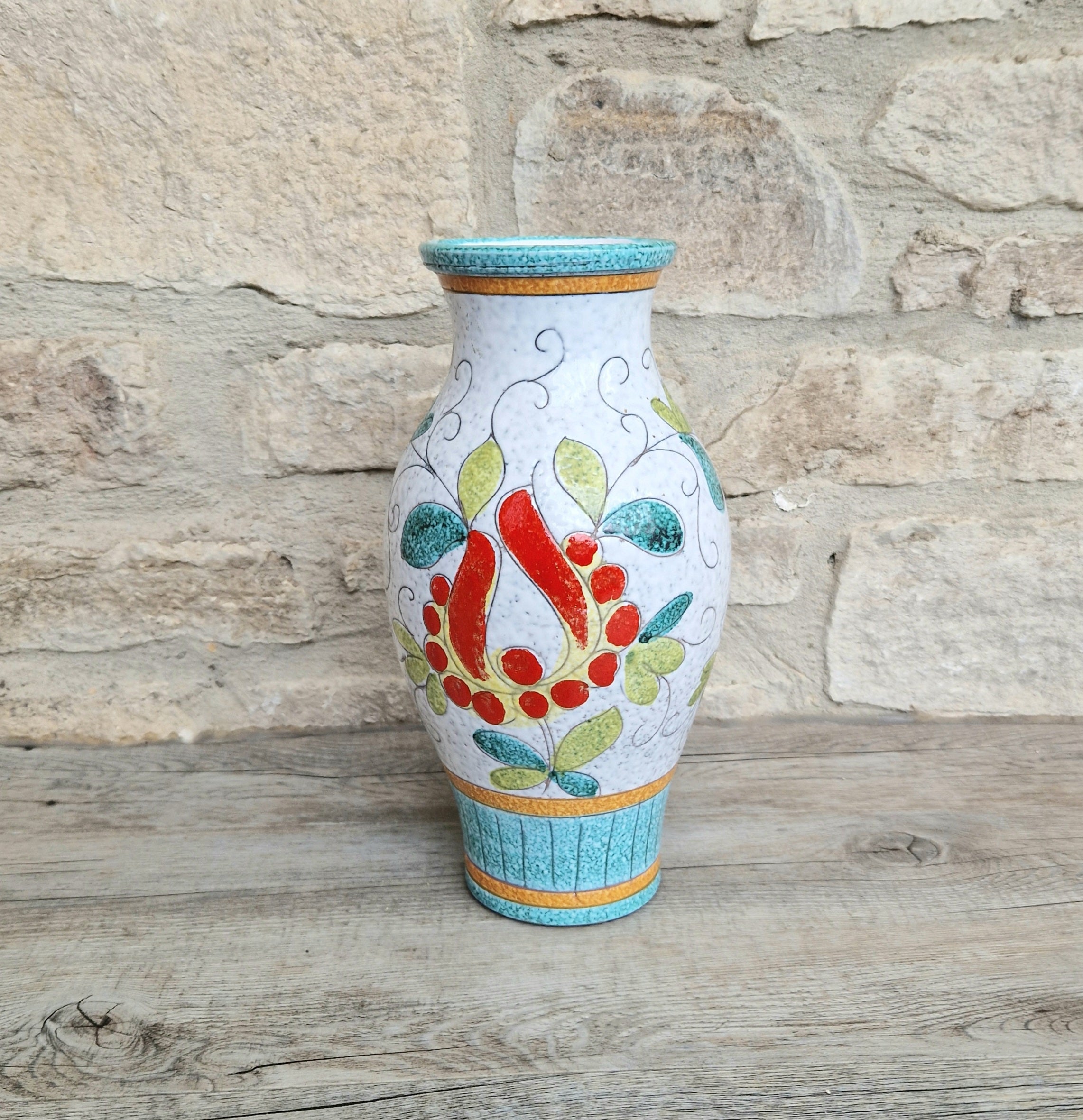 Vintage Large Italian Ceramic Floral Majolica Vase Sgraffito Technique Fratelli Fanciullacci 26cm Tall