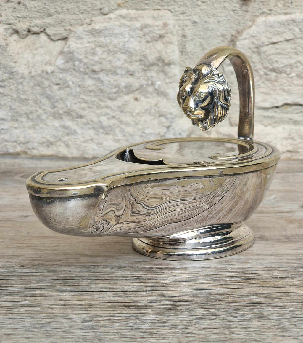 Antique Victorian Silver Plated Spoon Warmer Brass Oil Lamp Style Lion Mask Handle