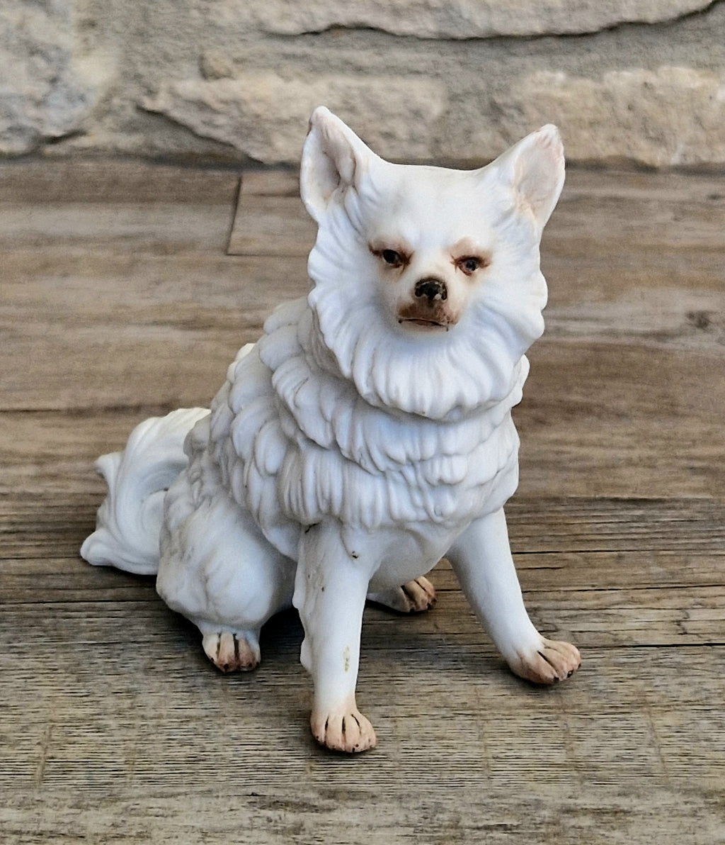 Antique Heubach Bisque Sitting Spitz Dog: German Figure, Circa 1864-1880
