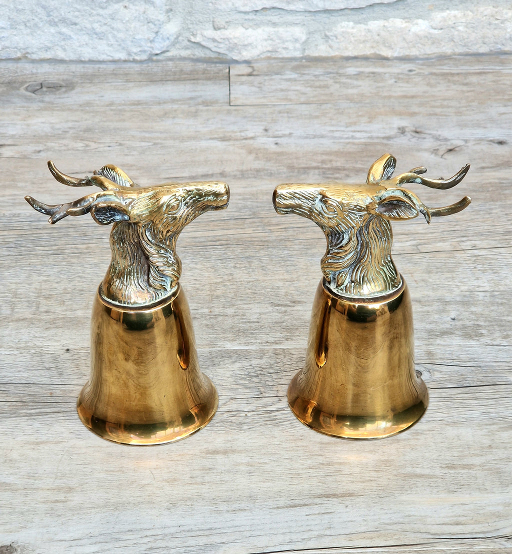 Pair Vintage Brass Stag Stirrup Cups Silver Plated Interiors Naturally Patinated Hunting Barware 1970s